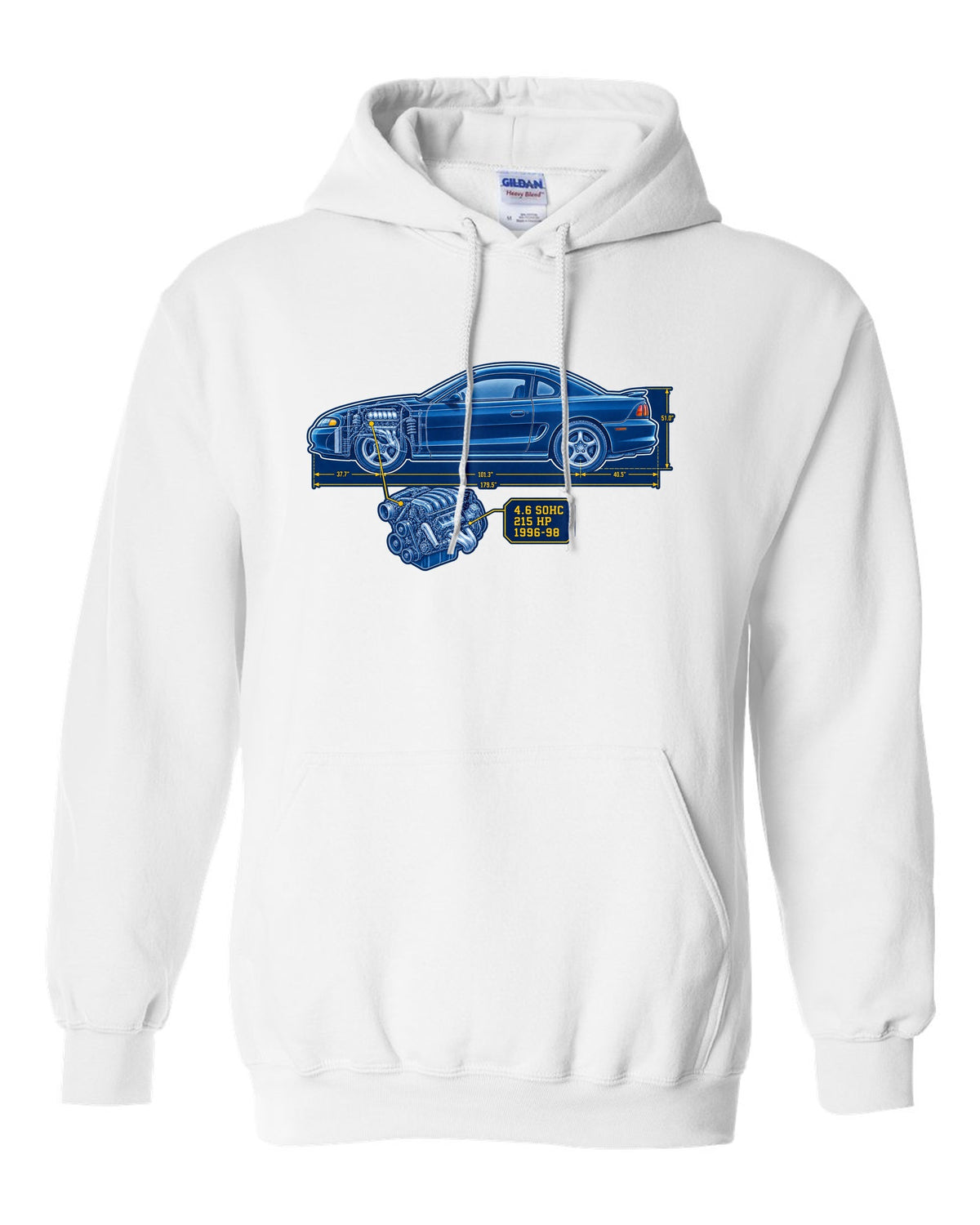 Cyanotype blueprint print of a 1994-98 Ford Mustang SN95 coupe white pull over hoodie front view with the design