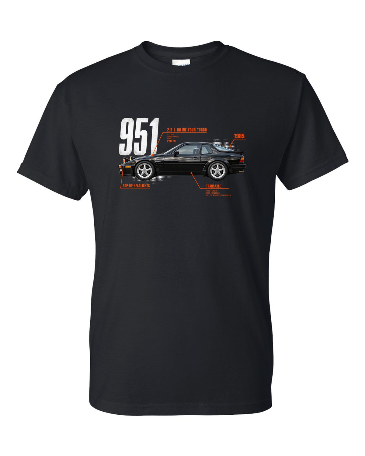Spec poster print of a Porsche 944 Turbo 951 with 2.5 L turbo four, transaxle and pop-up headlights lettering black t-shirt front view with the design