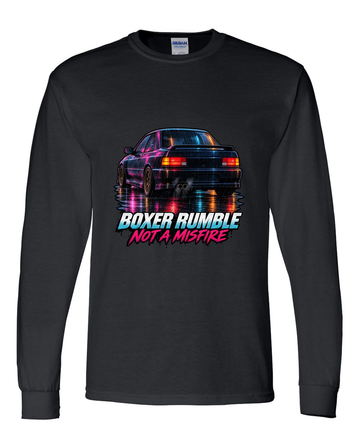 Painterly night scene of a Subaru Impreza WRX GC8 coupe with wet taillight reflections black long sleeve front view with the design