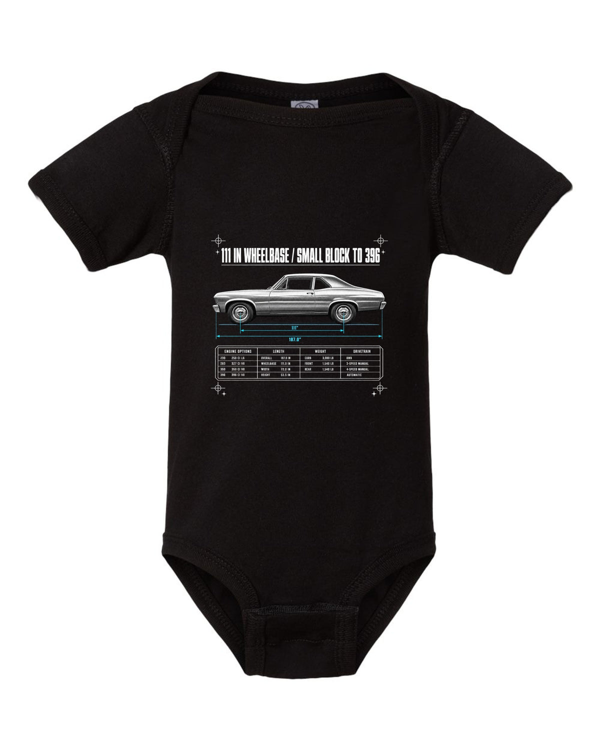 1968 Nova X-Body Spec Poster black baby onesie front view with the design