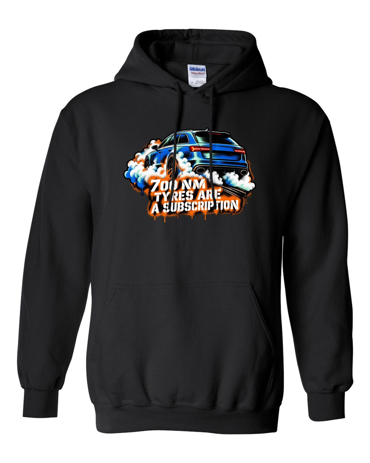 Stencil spray street art design of the Audi RS6 Avant C7 4G with 700 Nm and tyres are a subscription lettering black pull over hoodie front view with the design
