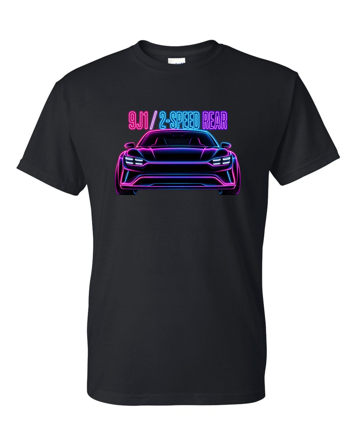 Porsche Taycan Turbo S 9J1 neon outline print with the text 9J1 2-speed rear black t-shirt front view with the design