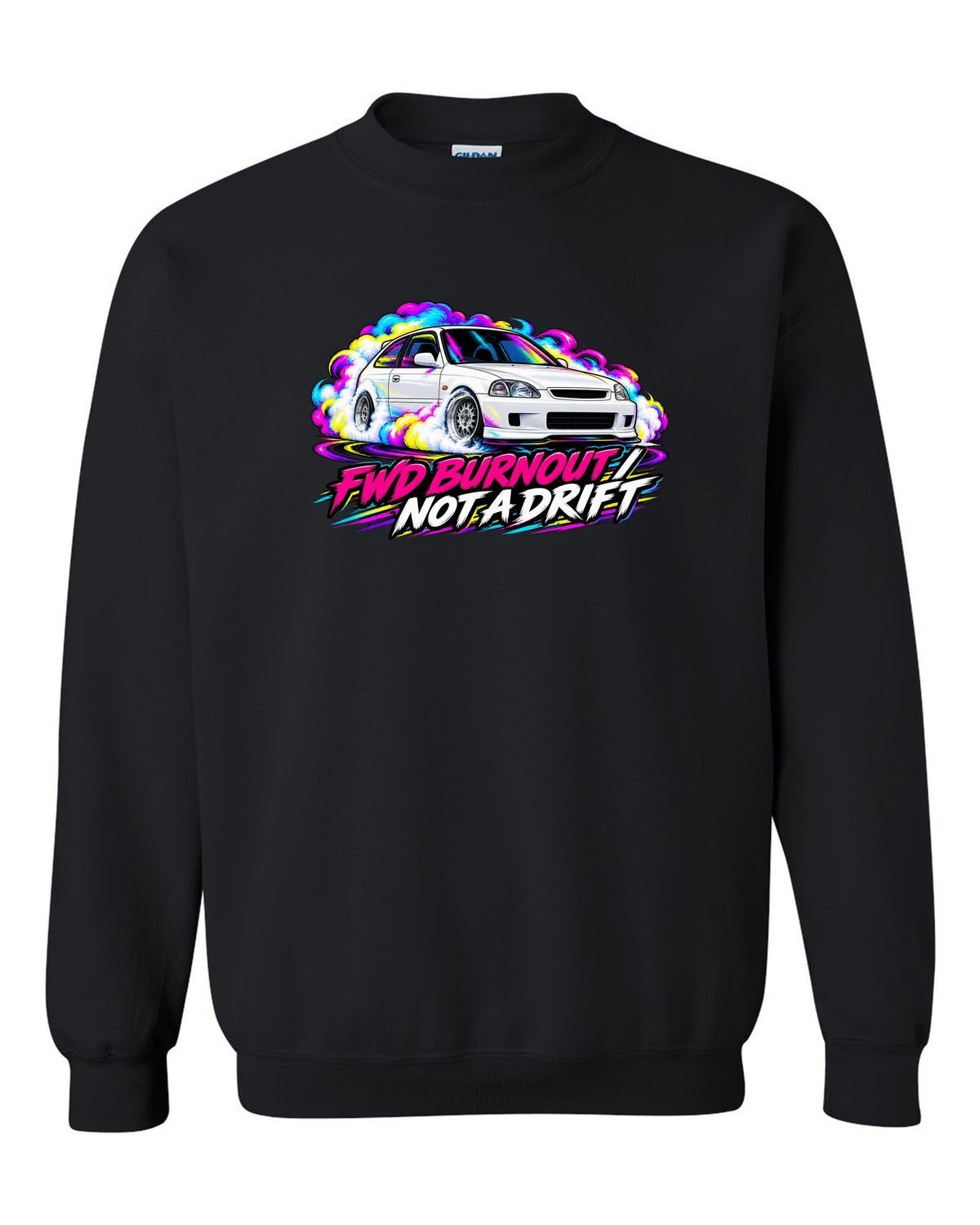 Neon pop style print of a Honda Civic Type R EK9 doing a FWD burnout with not a drift text black crewneck front view with the design