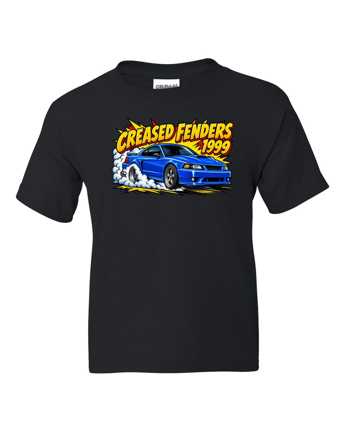 Comic halftone pop art 1999-2004 New Edge Ford Mustang coupe with burnout smoke black kids tee front view with the design