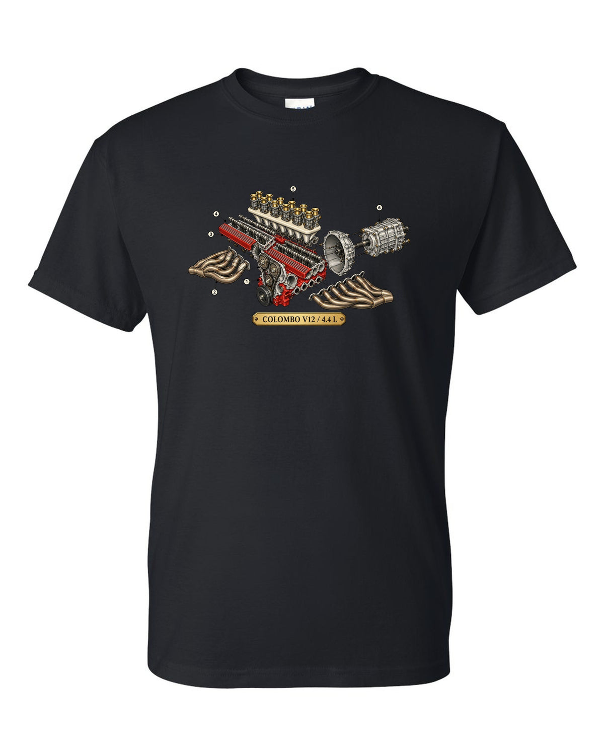 Exploded view of the Ferrari 365 GTB/4 Daytona Colombo V12 engine black t-shirt front view with the design
