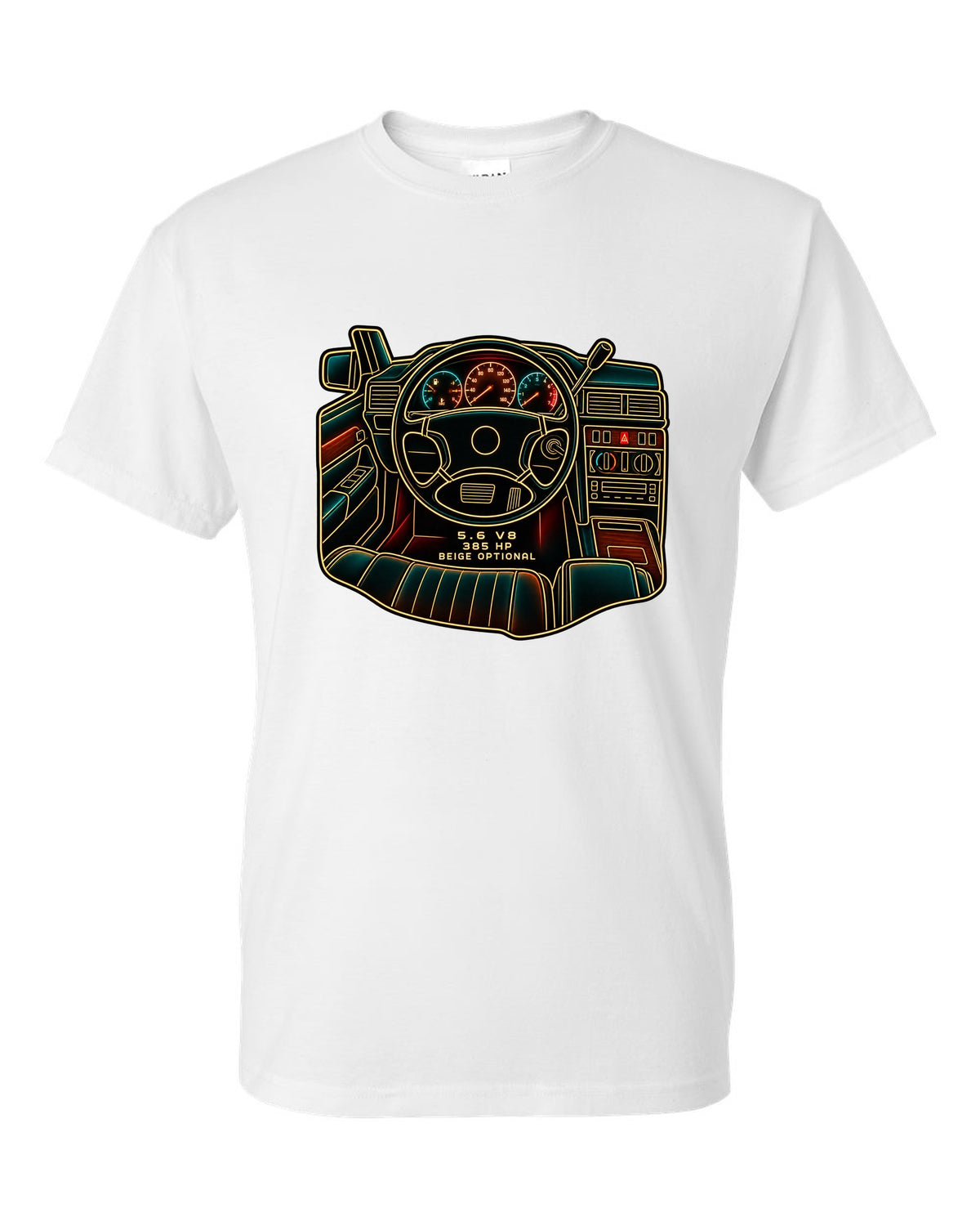 Minimal single-line drawing of a Mercedes 300E Hammer W124 with 5.6 V8 and 385 HP text white t-shirt front view with the design