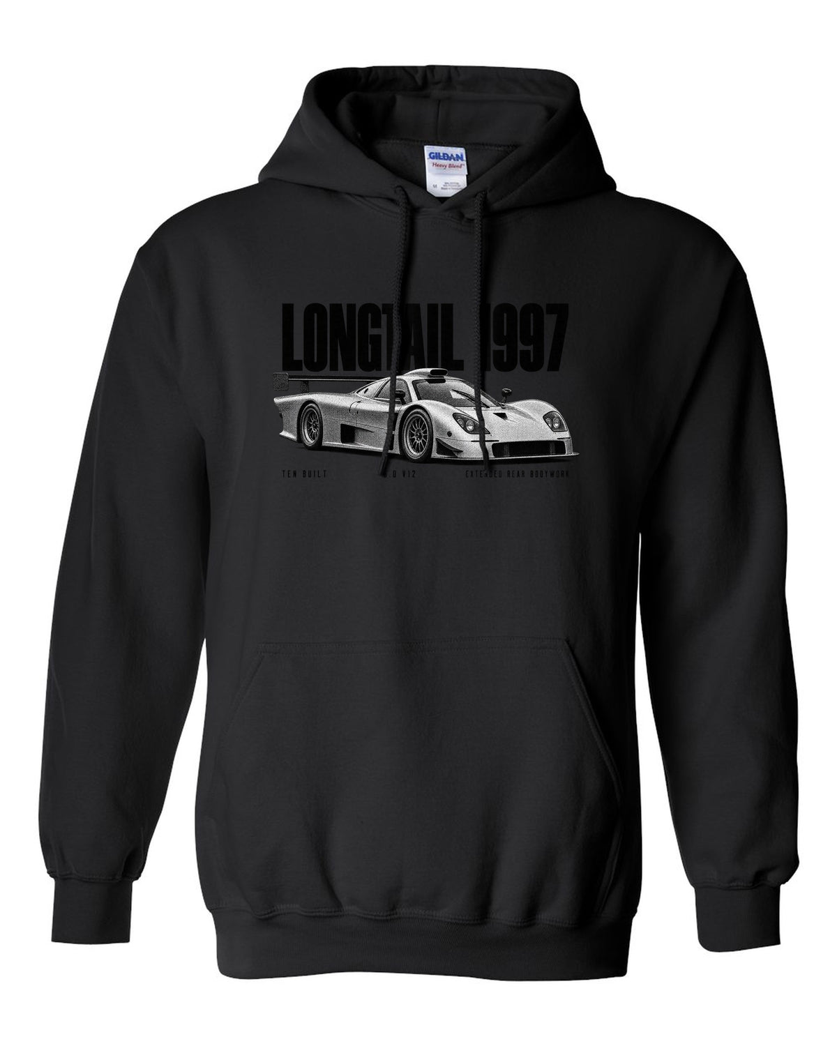 Halftone print of a 1997 McLaren F1 GTR Longtail with extended rear bodywork black pull over hoodie front view with the design