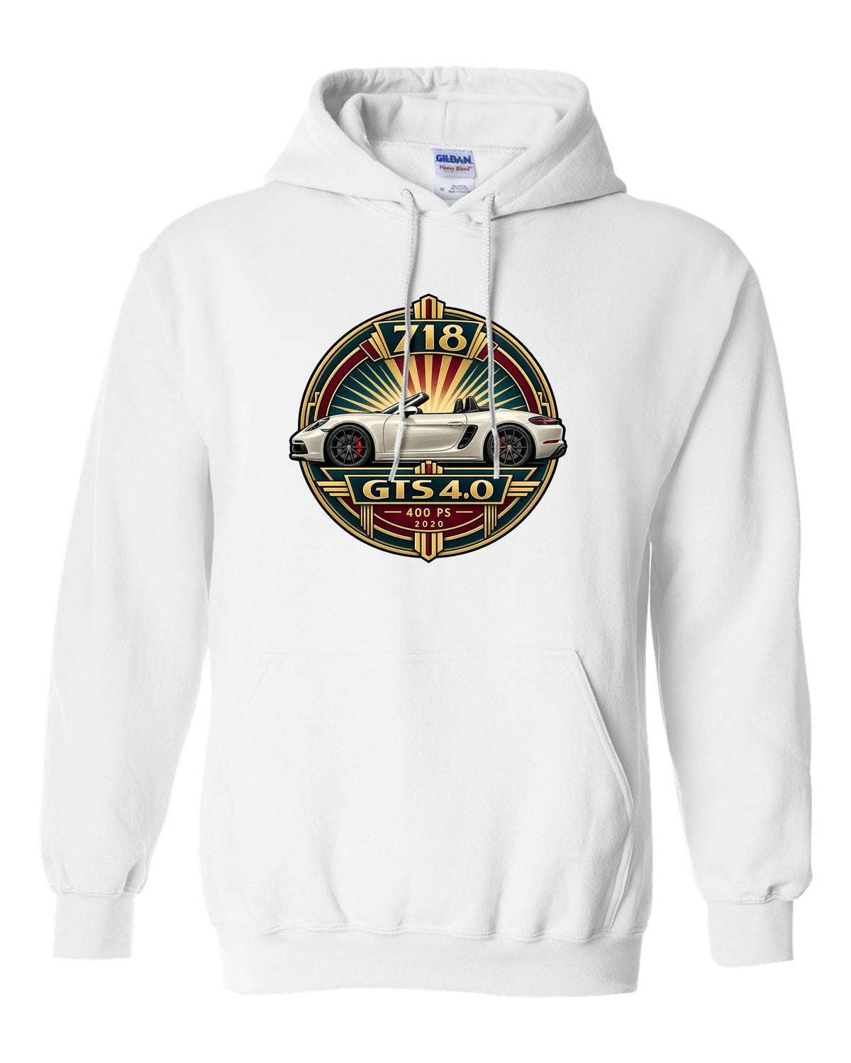 Art deco poster crest design for the Porsche 718 Boxster GTS 4.0 with 400 PS and 2020 lettering white pull over hoodie front view with the design
