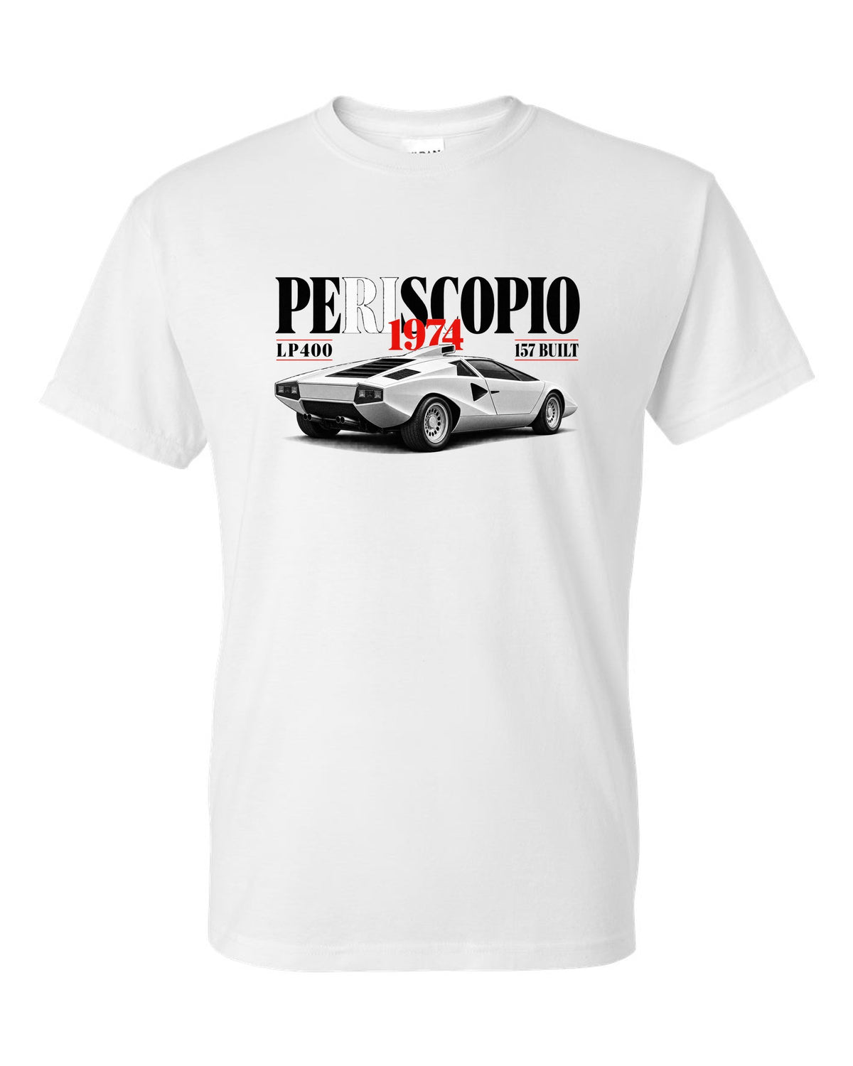 Editorial print of a Lamborghini Countach LP400 with periscopio and 157 built text white t-shirt front view with the design