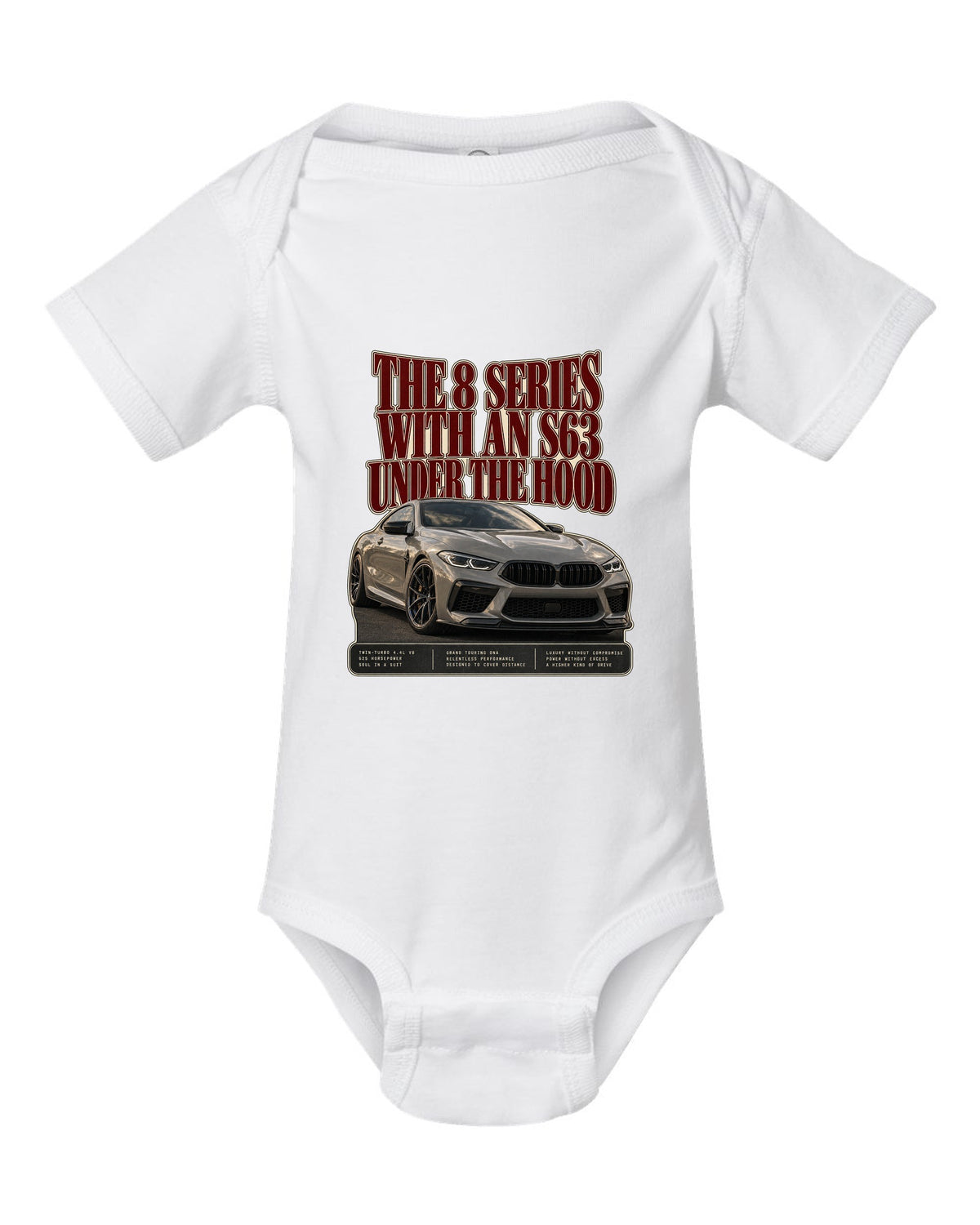 BMW M8 Competition Coupe F92 editorial headline print on a tee white baby onesie front view with the design