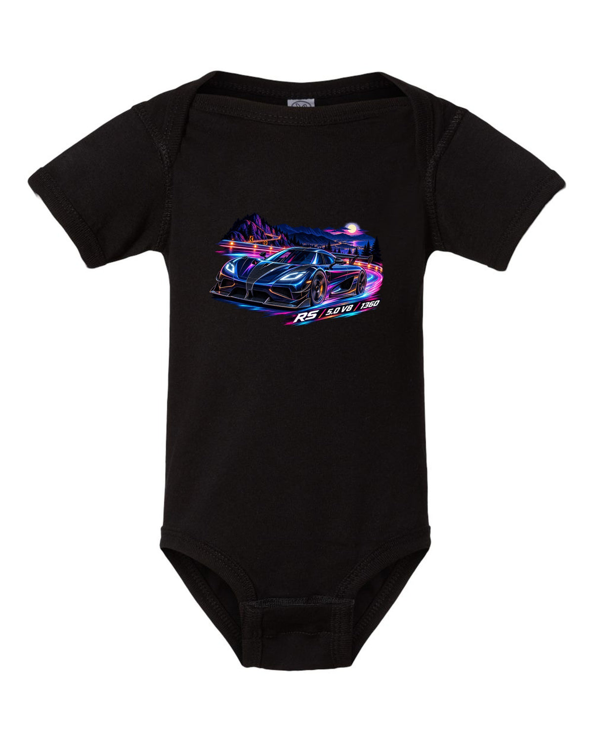 Cel-shaded anime night mountain pass illustration of a Koenigsegg Agera RS with RS 5.0 V8 1360 lettering black baby onesie front view with the design