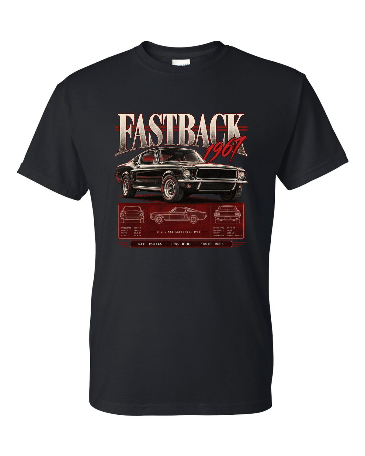 Archive panel illustration of a 1967 Ford Mustang fastback 2+2 with sail panel callouts black t-shirt front view with the design
