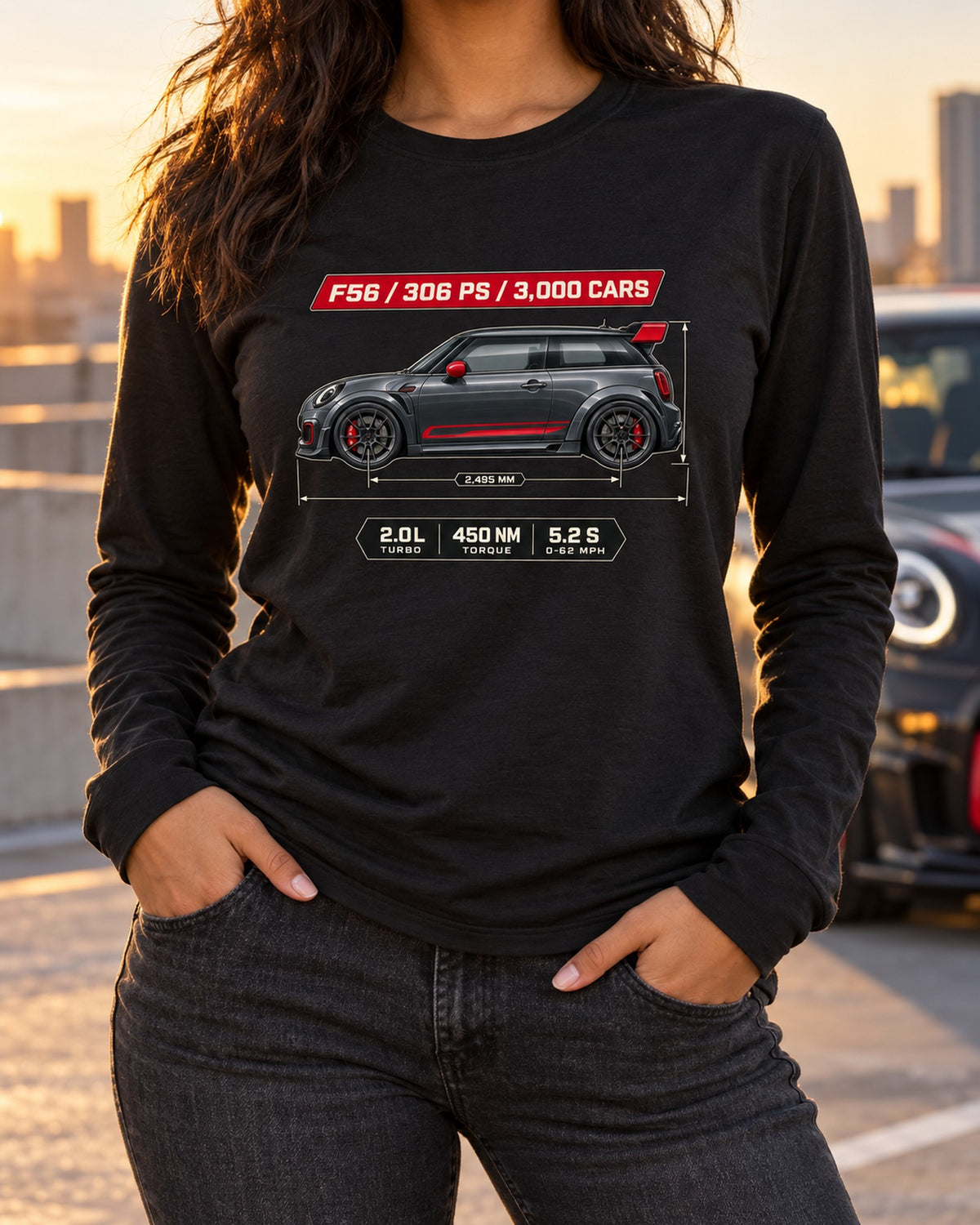Mini JCW GP F56 2020 Blueprint Shirt, 3,000 Cars, 306 PS Long Sleeve Black worn hero
