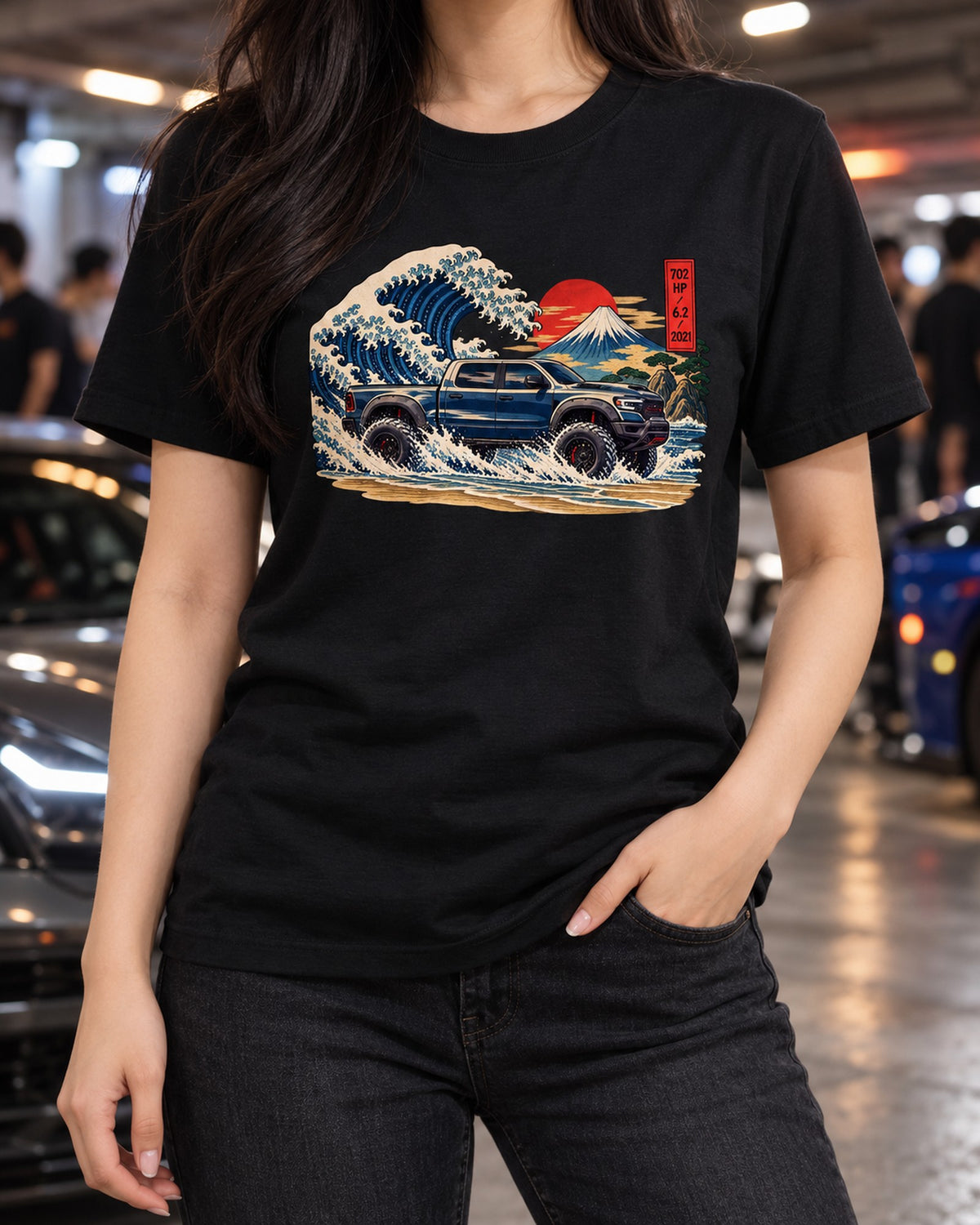 Great Wave Ram 1500 TRX Woodblock Shirt, 702 HP Supercharged 6.2 T-Shirt Black worn hero