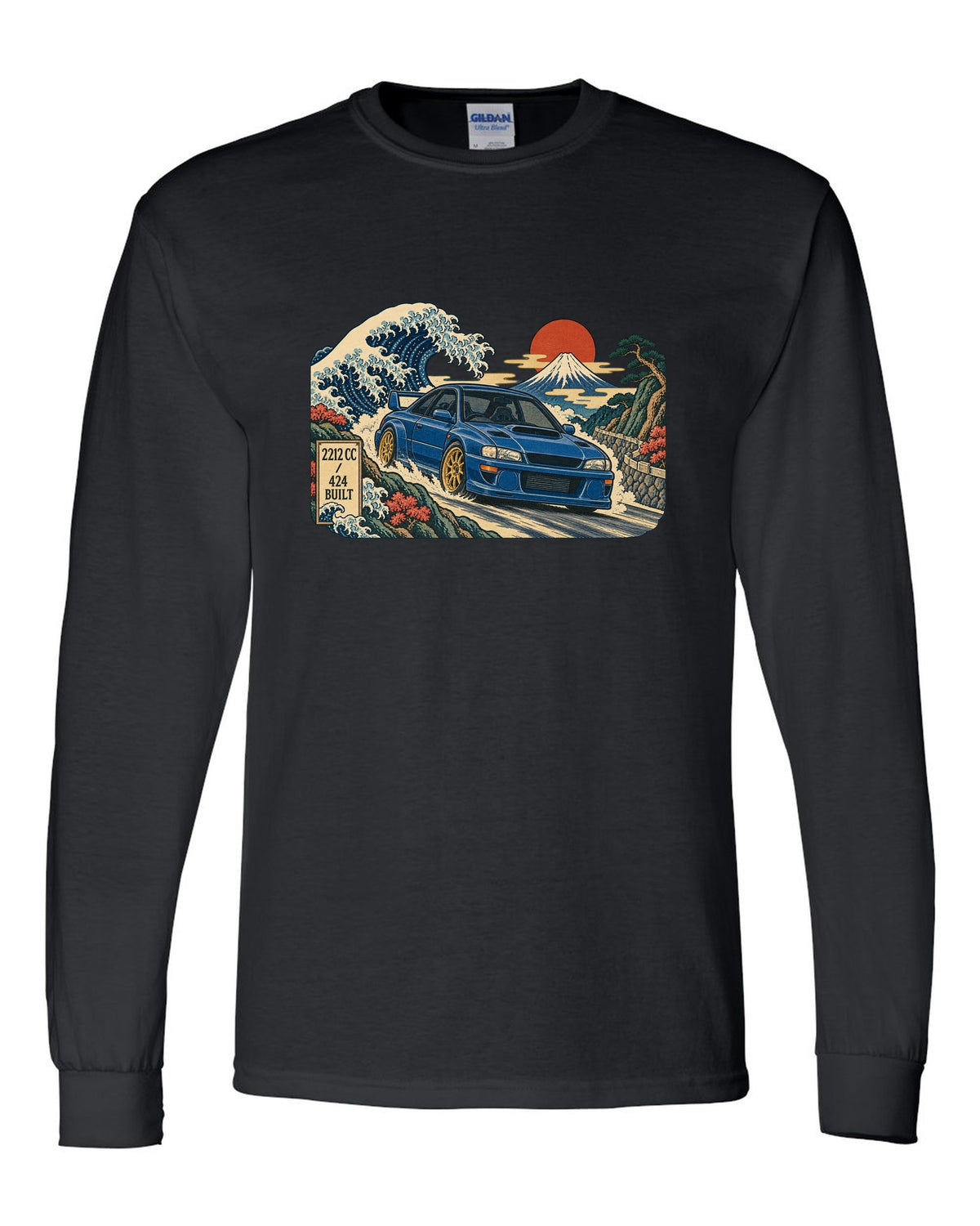 Ukiyo-e woodblock style Subaru Impreza 22B STI in front of a wave black long sleeve front view with the design