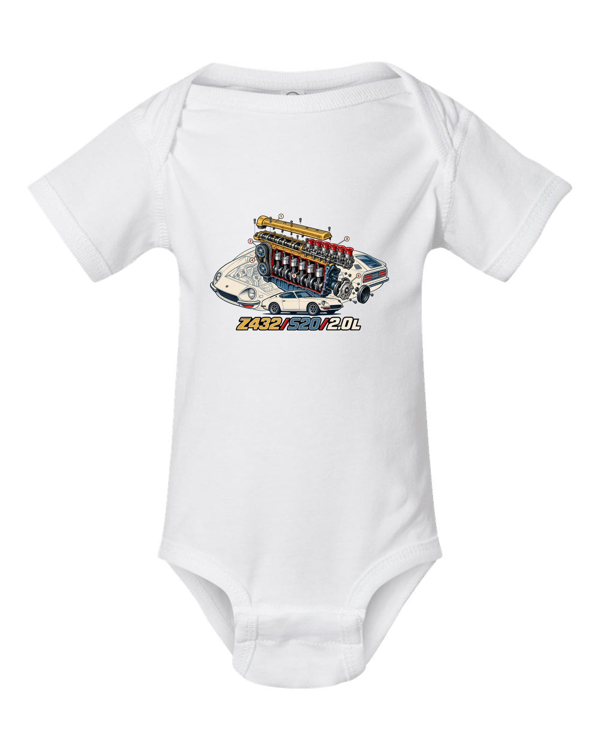 Exploded cutaway engine print for the Z432 with S20 2.0L lettering white baby onesie front view with the design