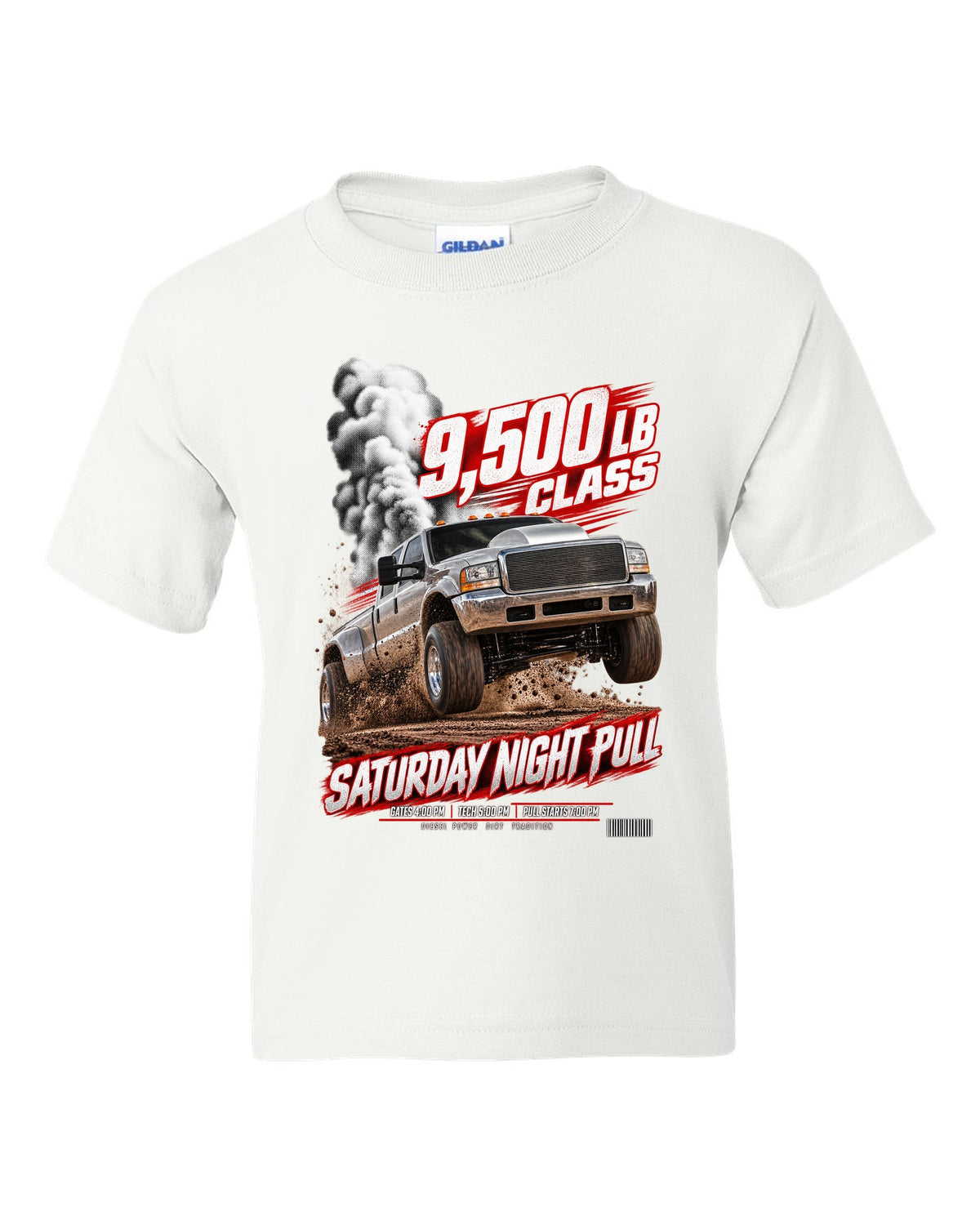 Race poster of a 1998.5-2002 Ram 2500 24V with the text 9,500 lb class, Saturday night pull white kids tee front view with the design