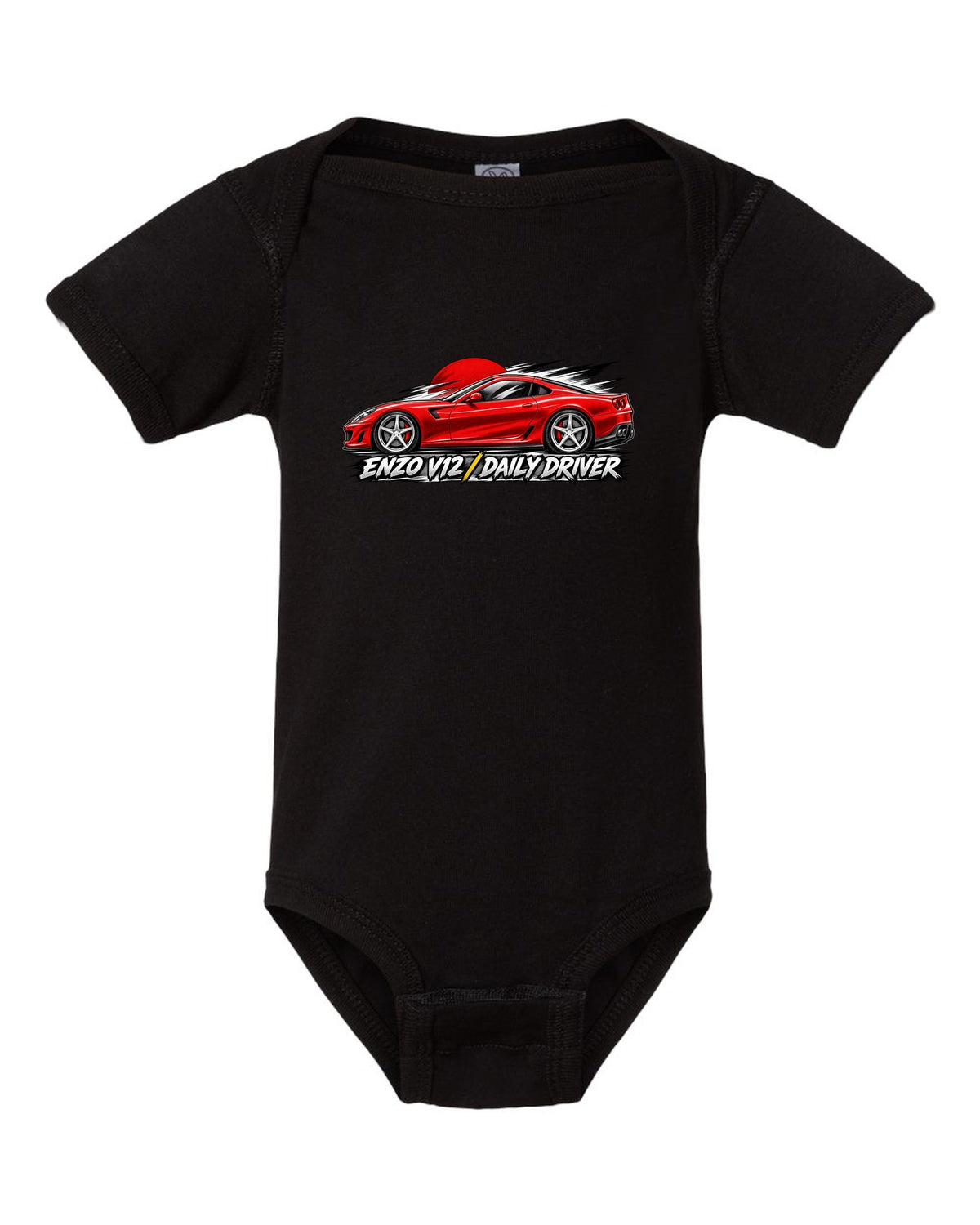 Retro manga halftone panel print of a Ferrari 599 GTB with Enzo V12 and Daily Driver lettering black baby onesie front view with the design