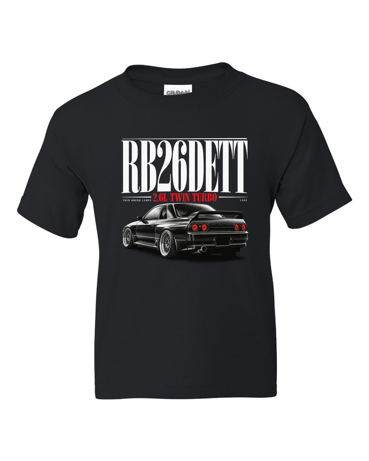 Editorial headline print of a Nissan Skyline GT-R R32 BNR32 with RB26DETT text black kids tee front view with the design