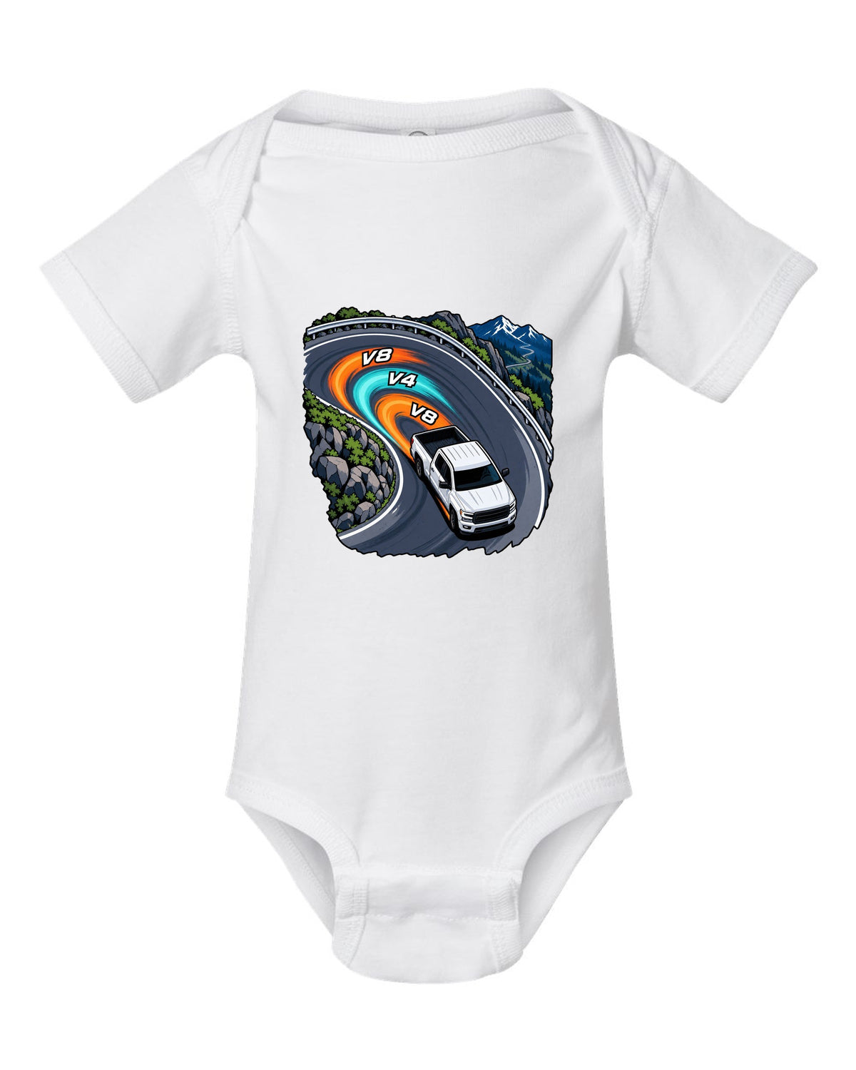 Cel-shaded anime night touge print of a 2007-2013 Chevrolet Silverado GMT900 with V8 V4 V8 text white baby onesie front view with the design