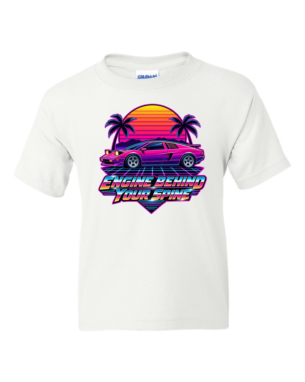 Synthwave sunset grid with a Toyota MR2 AW11 driving toward the horizon white kids tee front view with the design