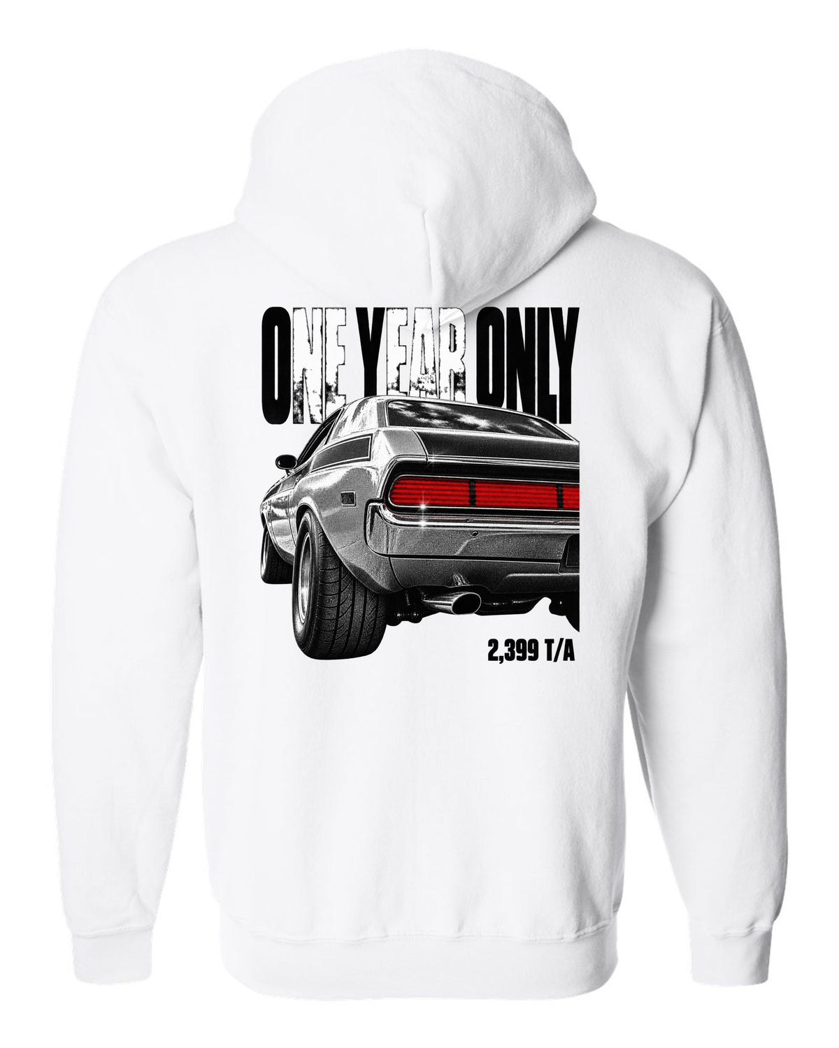 Taillight macro print of a 1970 Dodge Challenger T/A with one year only 2,399 T/A text white zip hoodie back view with the design