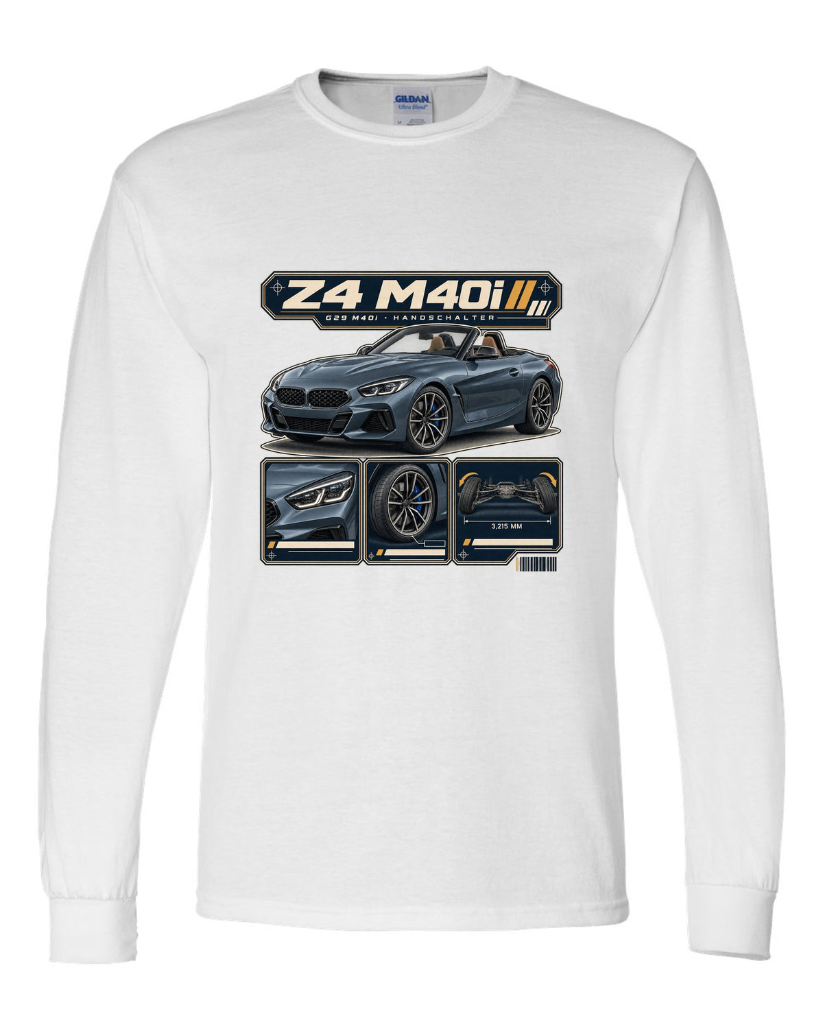 Dossier panel print of the BMW i7 M70 G70 noting rear wheel steering white long sleeve front view with the design