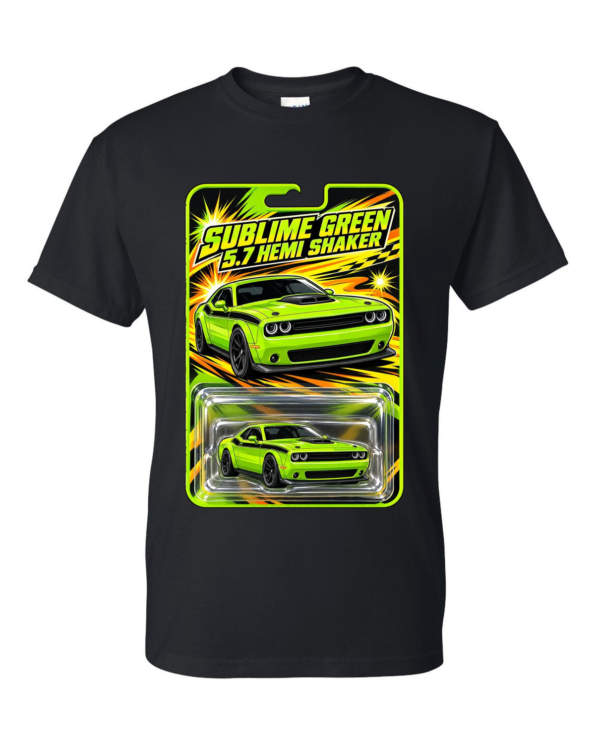Blister toy card print of a 2015 Dodge Challenger R/T Shaker in Sublime Green black t-shirt front view with the design