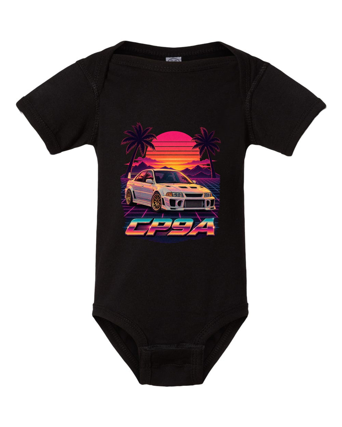 Synthwave sunset poster of a Mitsubishi Lancer Evolution V CP9A with palm trees black baby onesie front view with the design