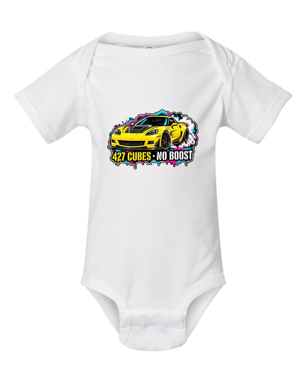 Stencil spray street art print of a 2006 Chevrolet Corvette C6 Z06 with 427 cubes no boost lettering white baby onesie front view with the design