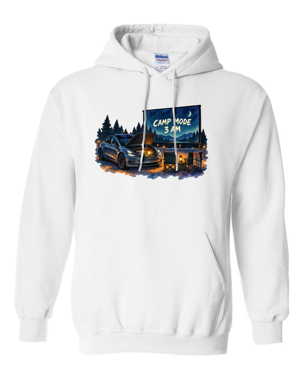 Watercolor wash print of a Tesla Model 3 with the words Camp Mode 3 AM white pull over hoodie front view with the design