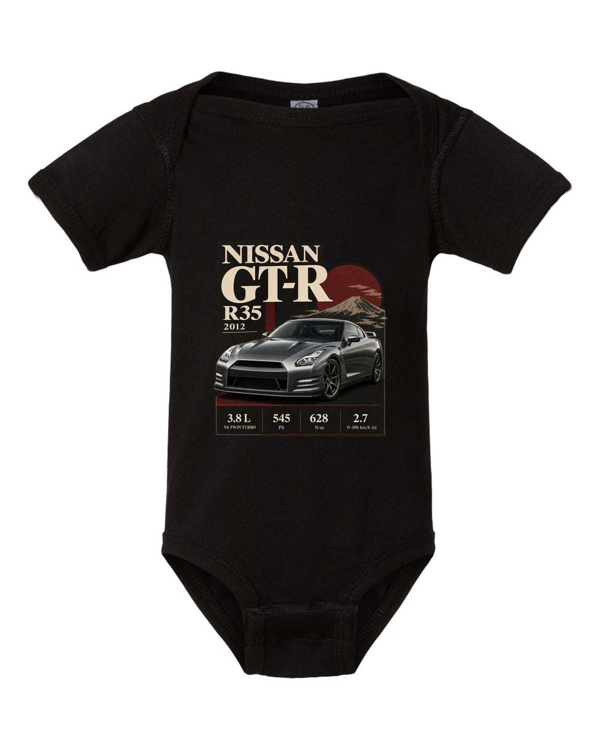 Nissan GT-R R35 2013 Track Edition in dossier panel layout black baby onesie front view with the design