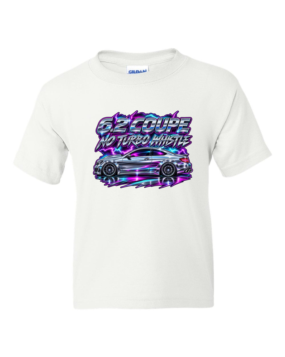 80s chrome airbrush print of a Mercedes C63 Coupe C204 white kids tee front view with the design