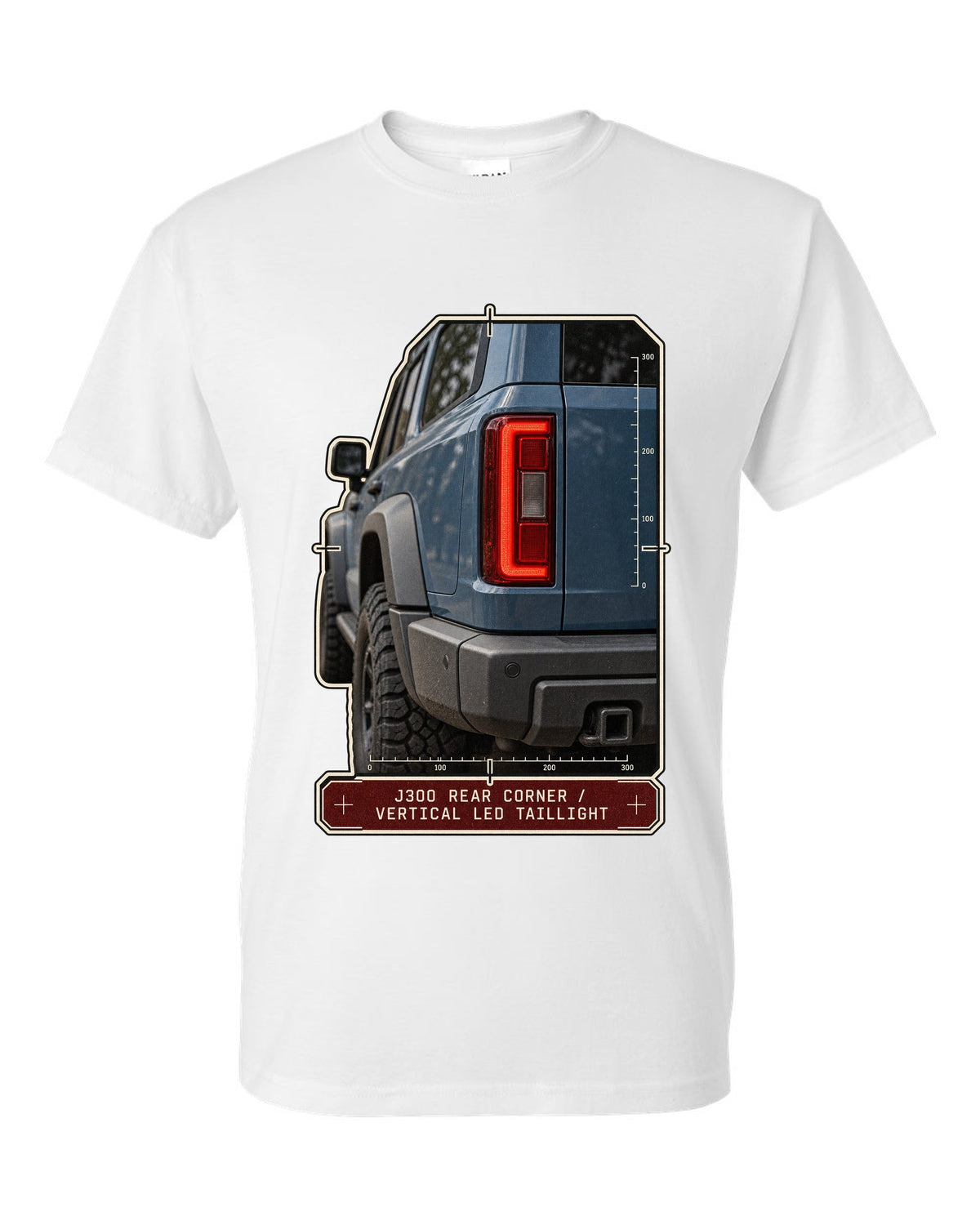 Close-up of Toyota Land Cruiser 300 J300 vertical LED taillight white t-shirt front view with the design