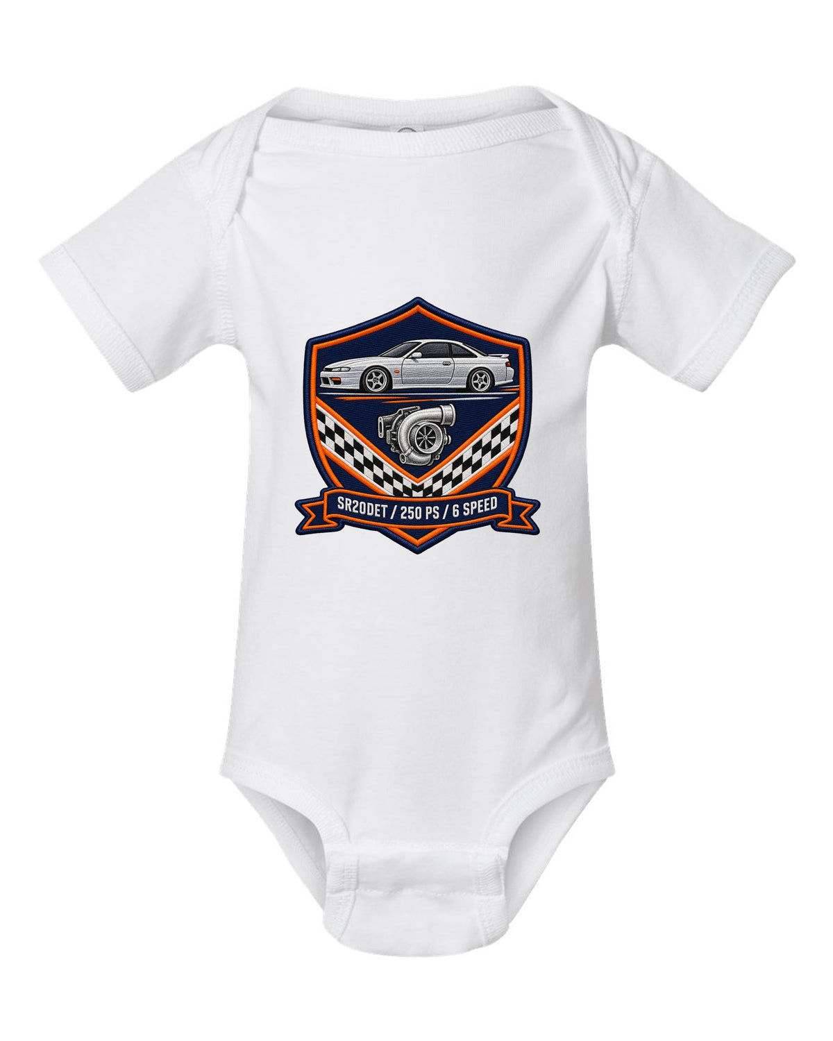 Embroidery-style shield crest print for the Nissan Silvia S15 with SR20DET 250 PS 6 speed lettering white baby onesie front view with the design