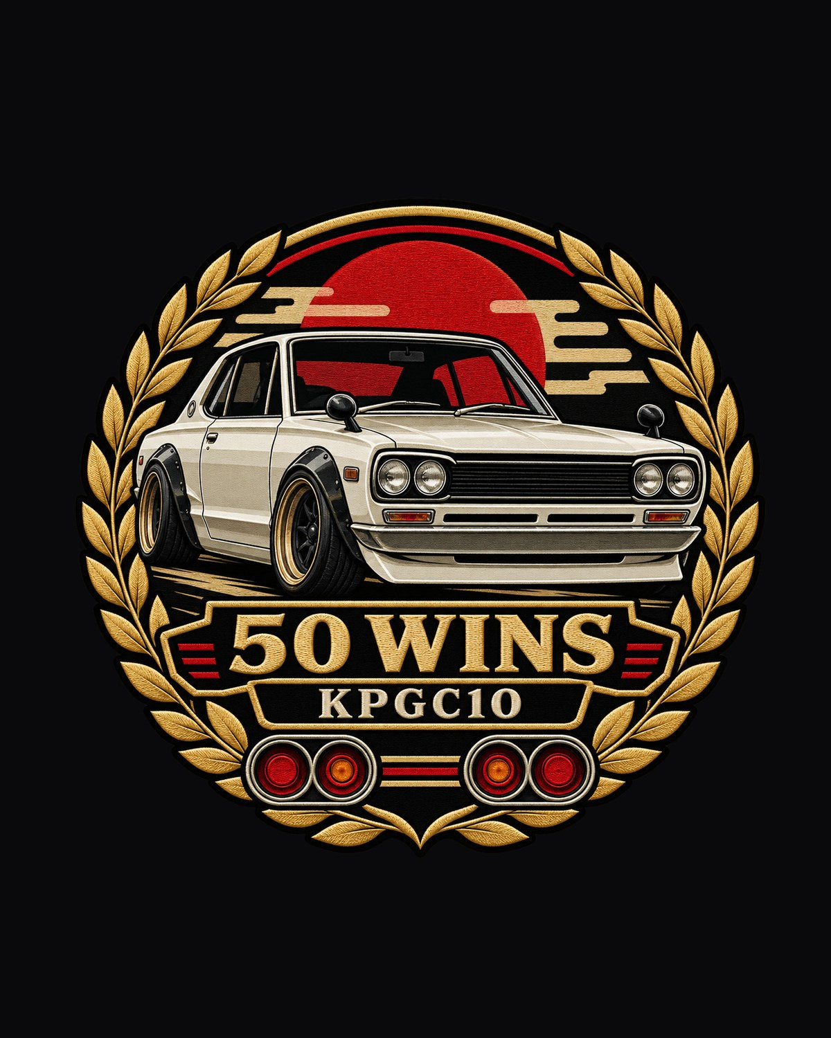 Hakosuka KPGC10 50 Wins Round Crest Tee, Skyline GT-R design only