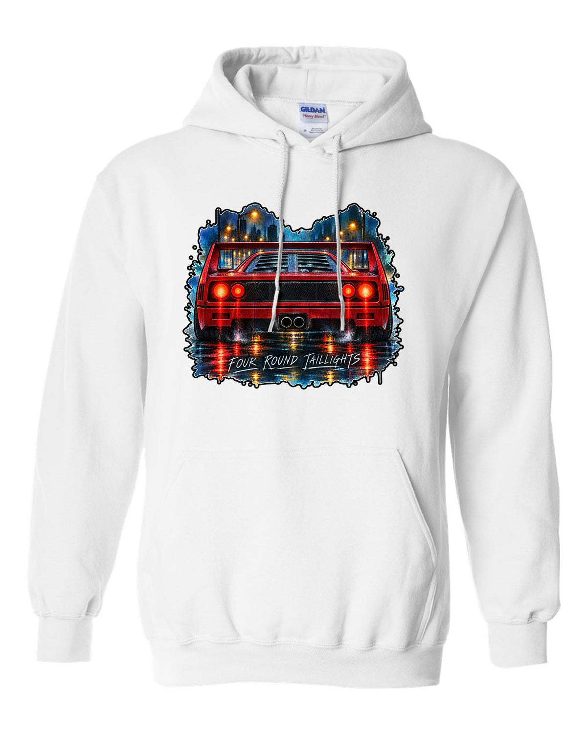 Watercolour wet-road night print of the rear of a 1987 Ferrari F40 F120 with four round taillights text white pull over hoodie front view with the design