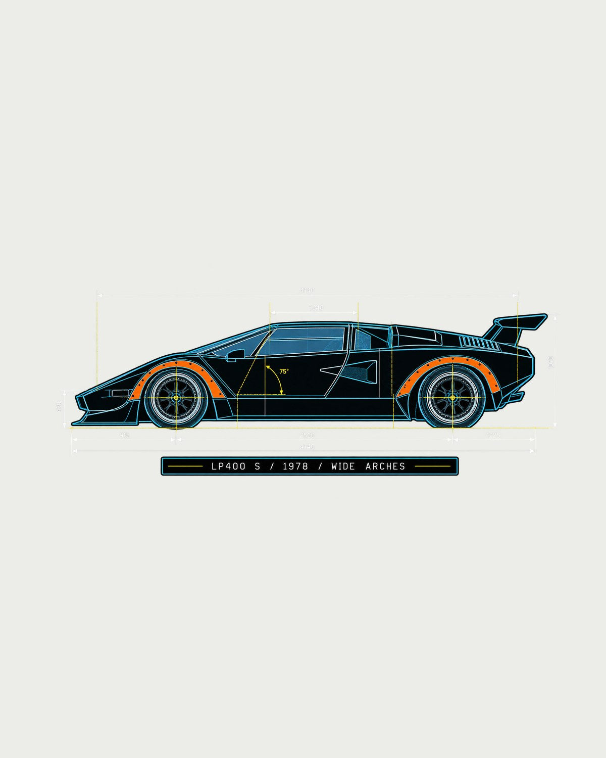 Lamborghini Countach LP400 S Wide Arch Blueprint Shirt, 1978 design only