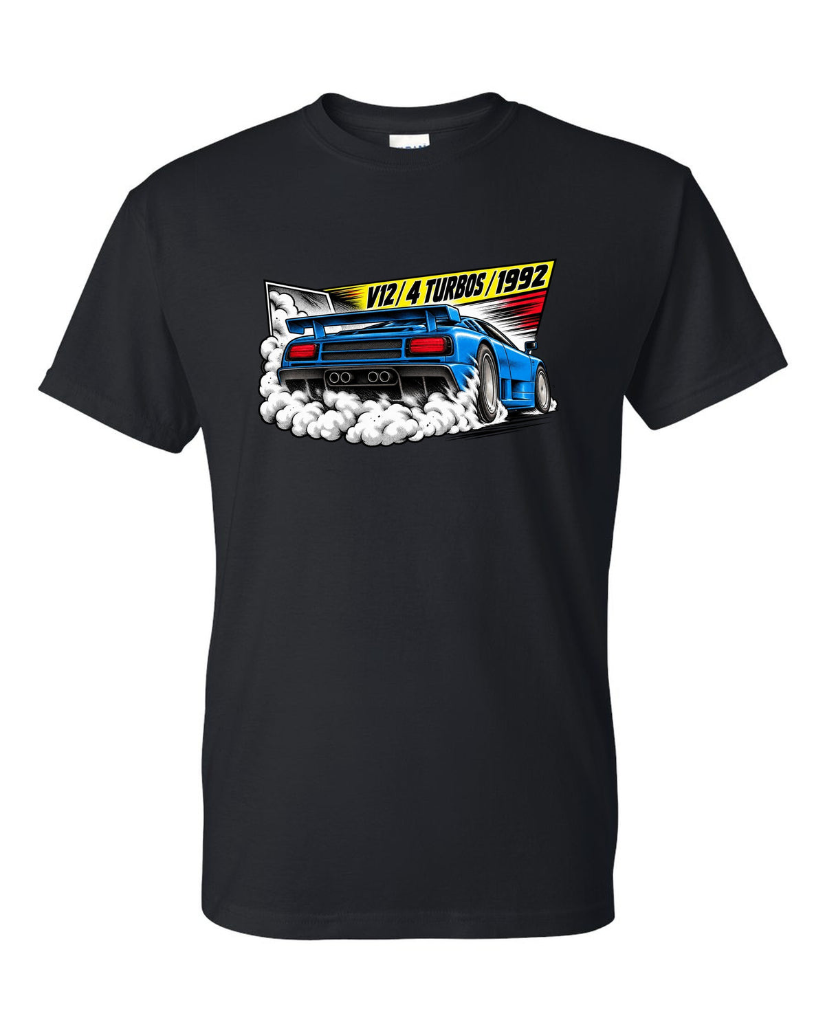 Retro manga halftone panel of a Bugatti EB110 SS burnout with V12 4 TURBOS 1992 lettering black t-shirt front view with the design