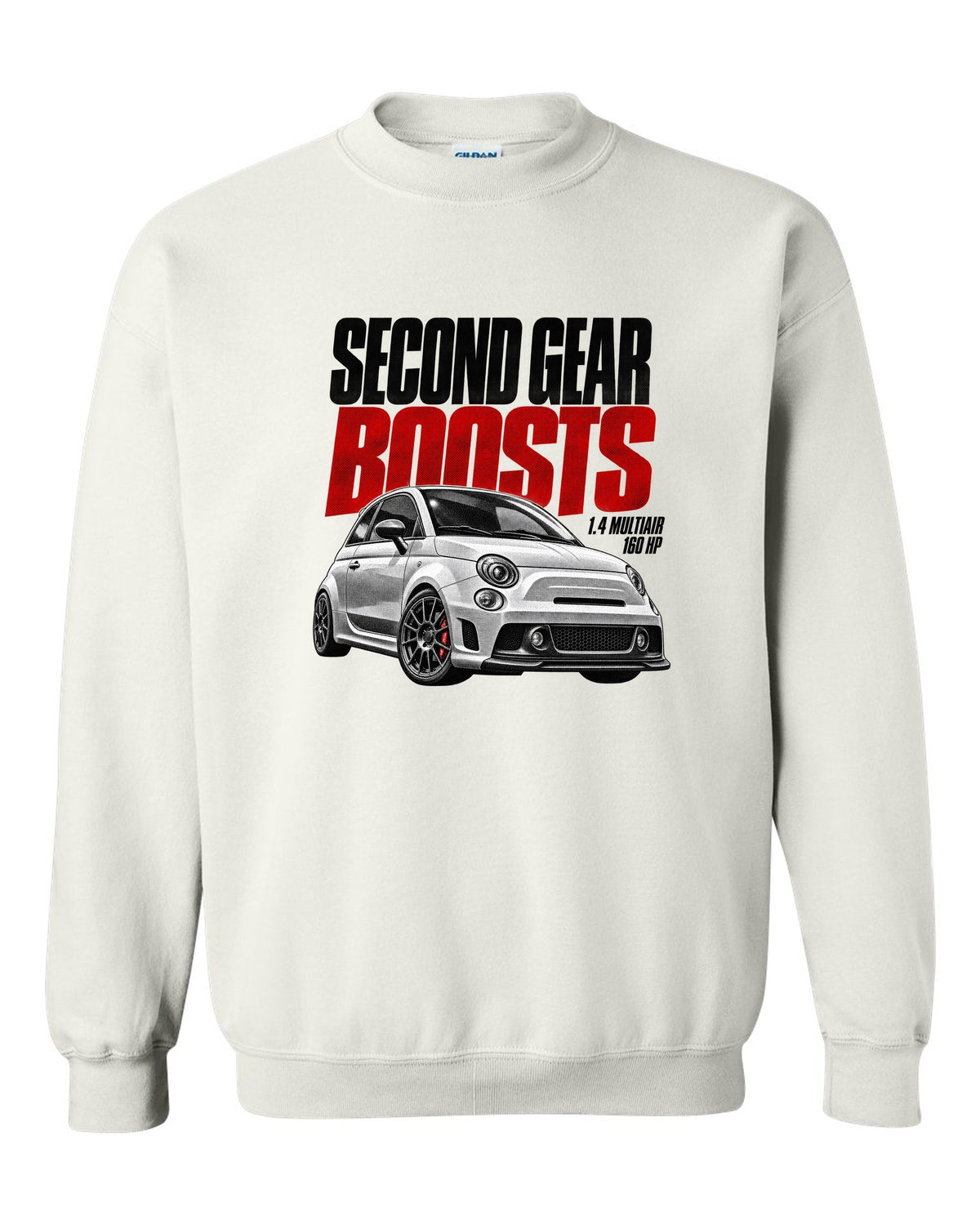 Halftone print of a Fiat 500 Abarth with 1.4 MultiAir and 160 HP text white crewneck front view with the design