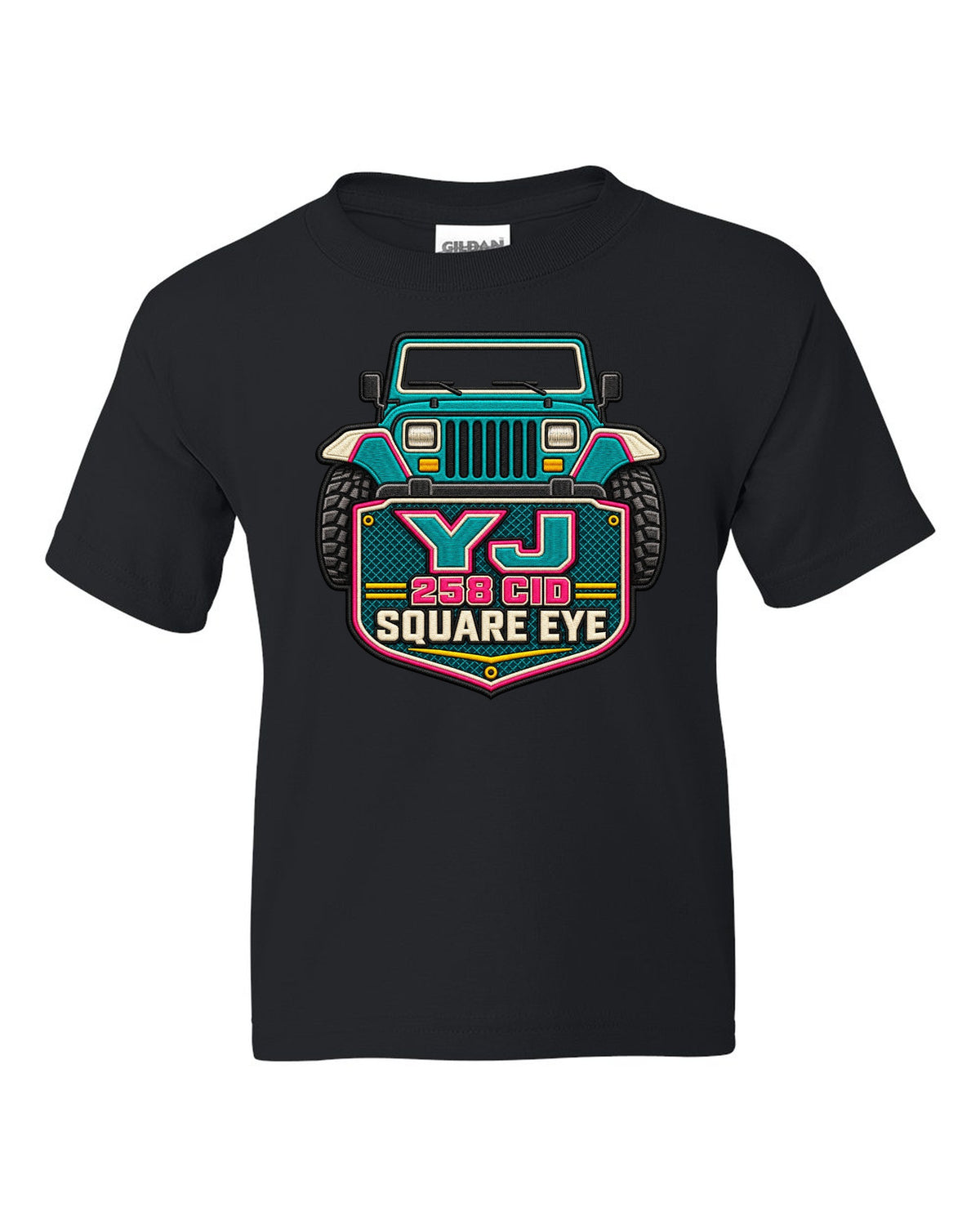 Embroidery-style varsity crest print of a Jeep Wrangler YJ with square eye text black kids tee front view with the design