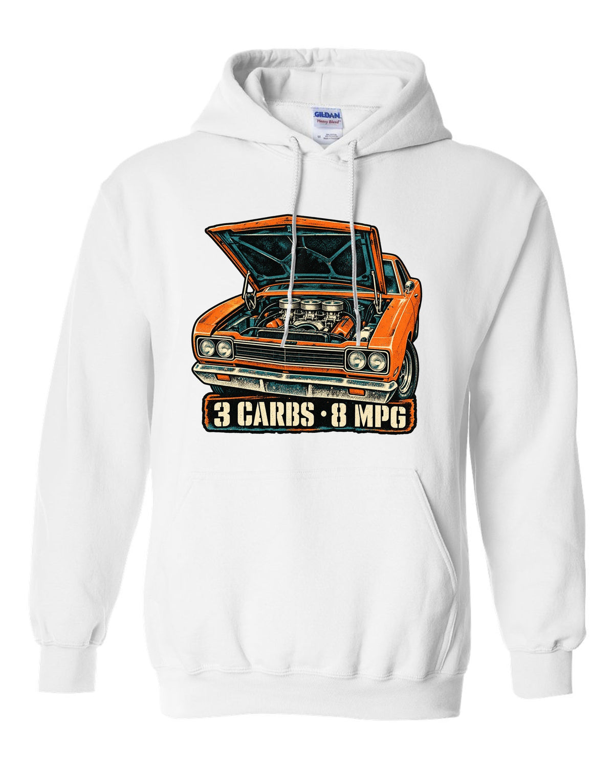 Four-colour grunge screen-print of a 1969 Plymouth Road Runner Six Pack with 3 carbs 8 MPG text white pull over hoodie front view with the design