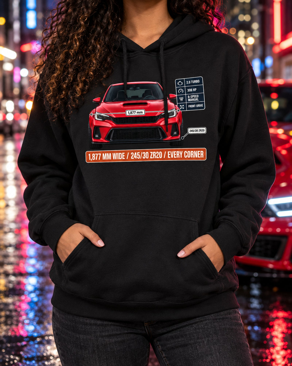 Civic Type R FK8 Front Elevation Spec Poster Tee, Rallye Red Pull Over Hoodie Black worn hero