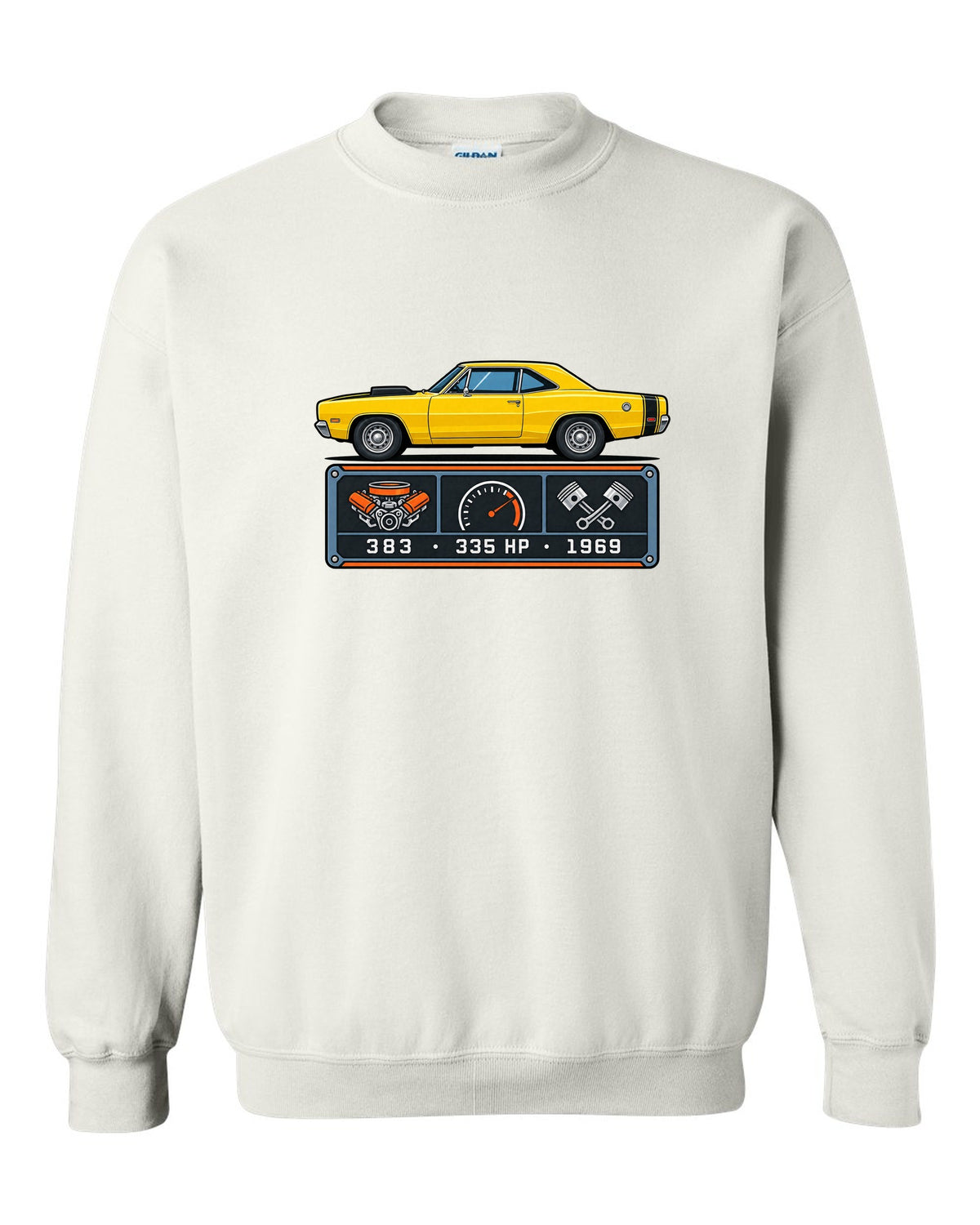 Spec-sheet data plate design for a 1969 Dodge Coronet Super Bee with 383 and 335 HP white crewneck front view with the design