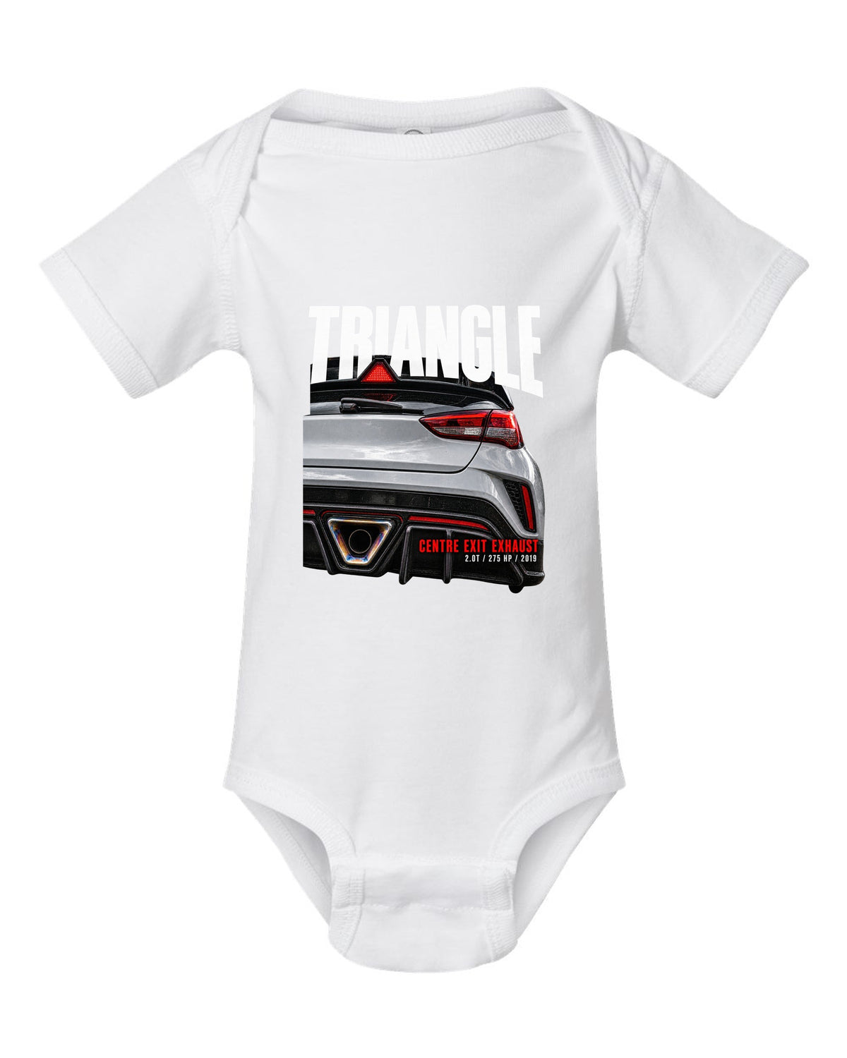 Rear macro of Hyundai Veloster N JS showing triangle and centre exit exhaust white baby onesie front view with the design