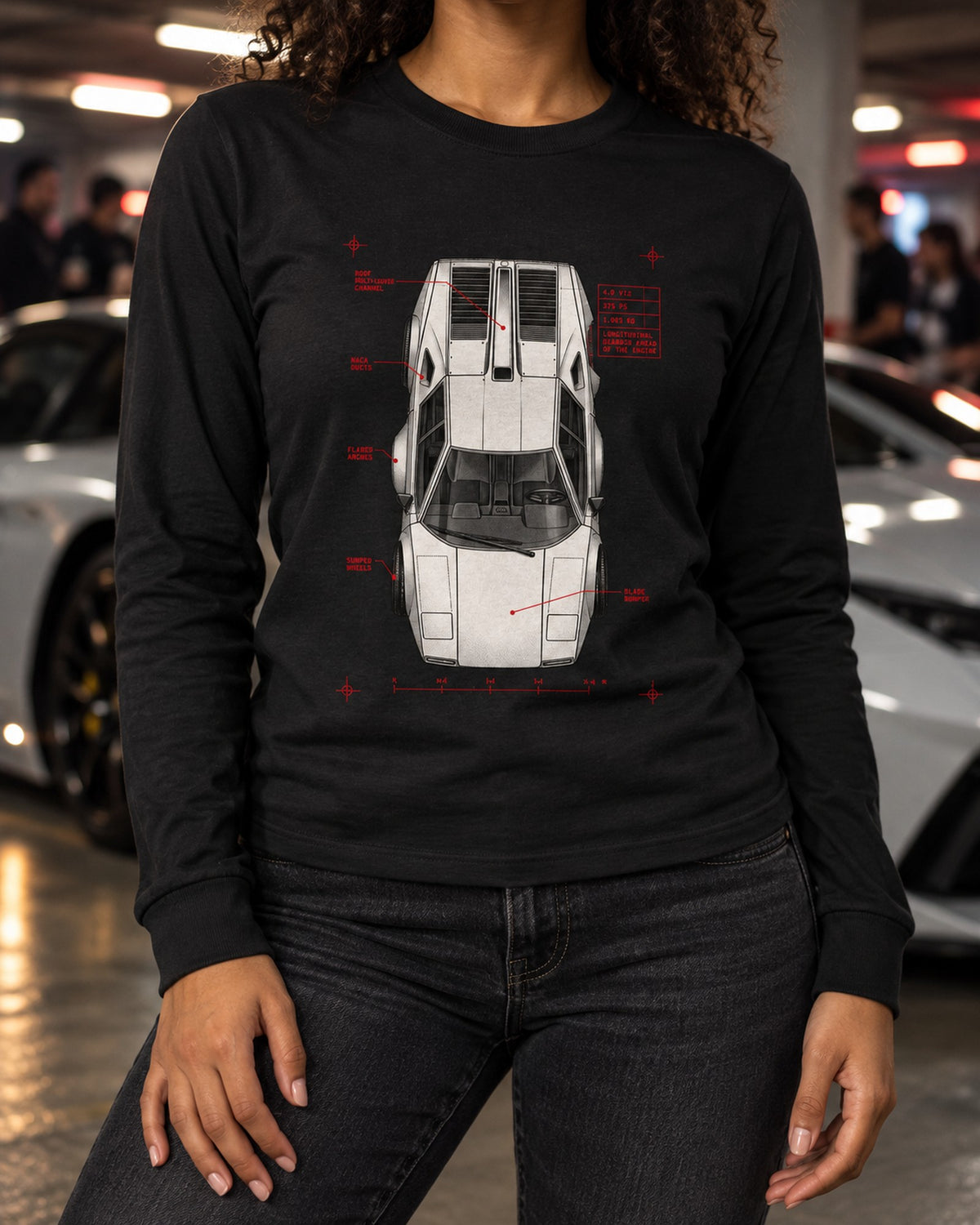 Countach LP400 Spec Plan Shirt, 4.0 V12 375 PS Car Tee Long Sleeve Black worn hero