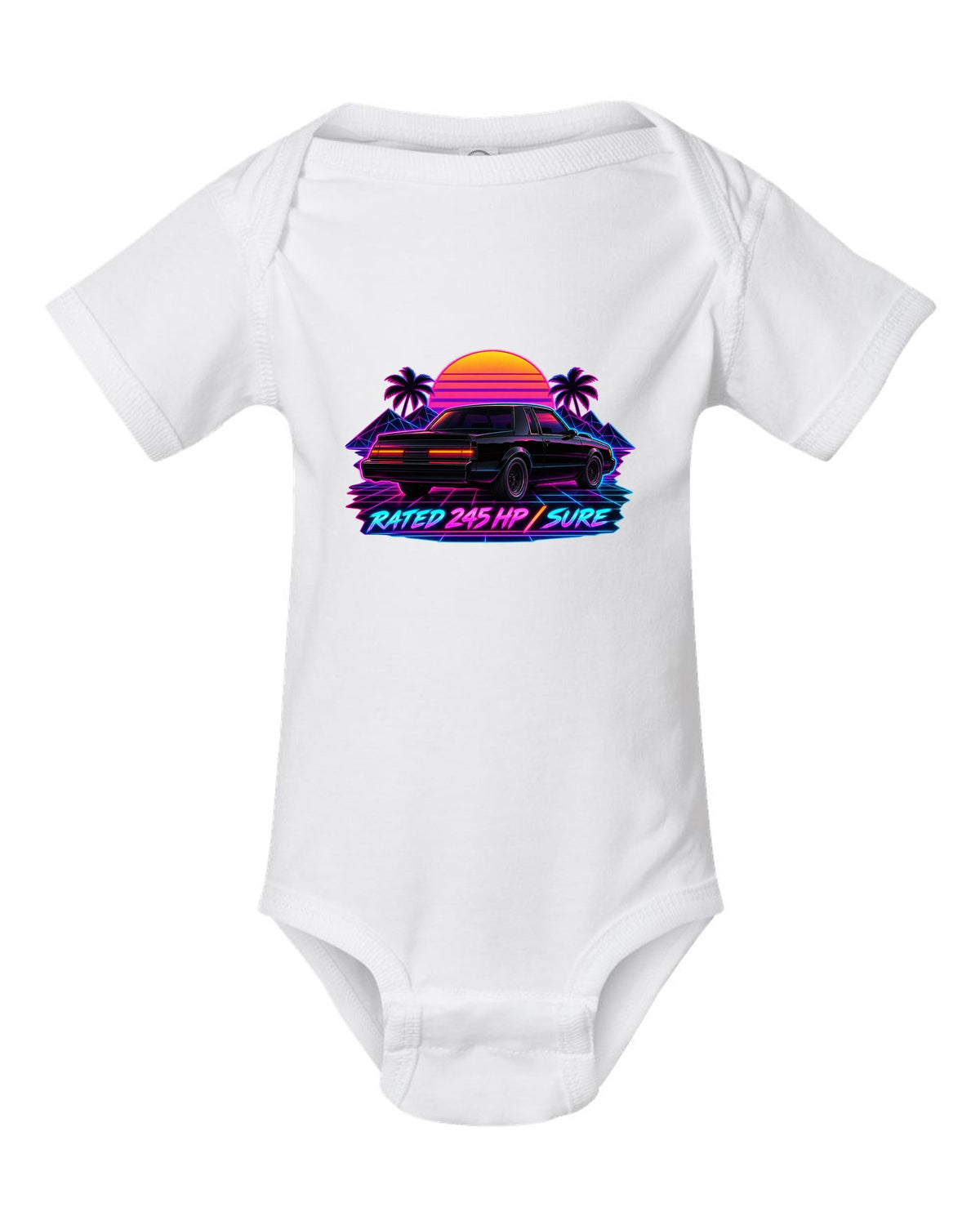 Synthwave print of 1987 Buick Grand National taillights with the text Rated 245 HP, Sure white baby onesie front view with the design