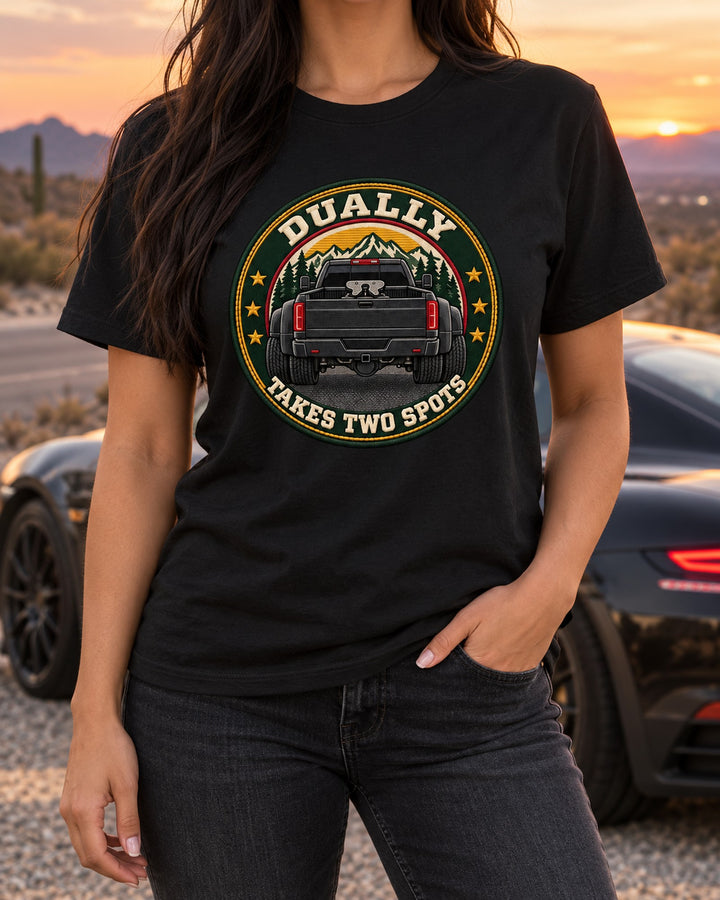Ram HD 3500 Dually Fifth Wheel Crest Shirt, Takes Two Spots T-Shirt Black worn hero