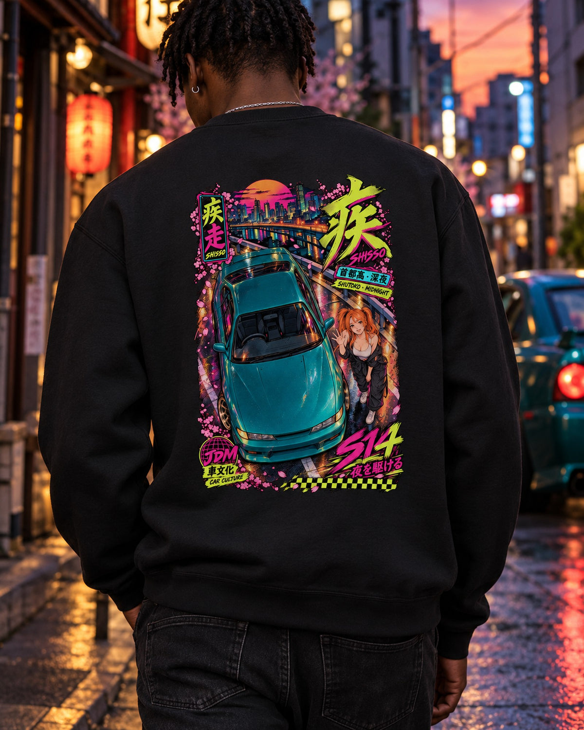 SHISSO S14 Anime Girl Full-Back Graphic Tee Crewneck Black worn hero