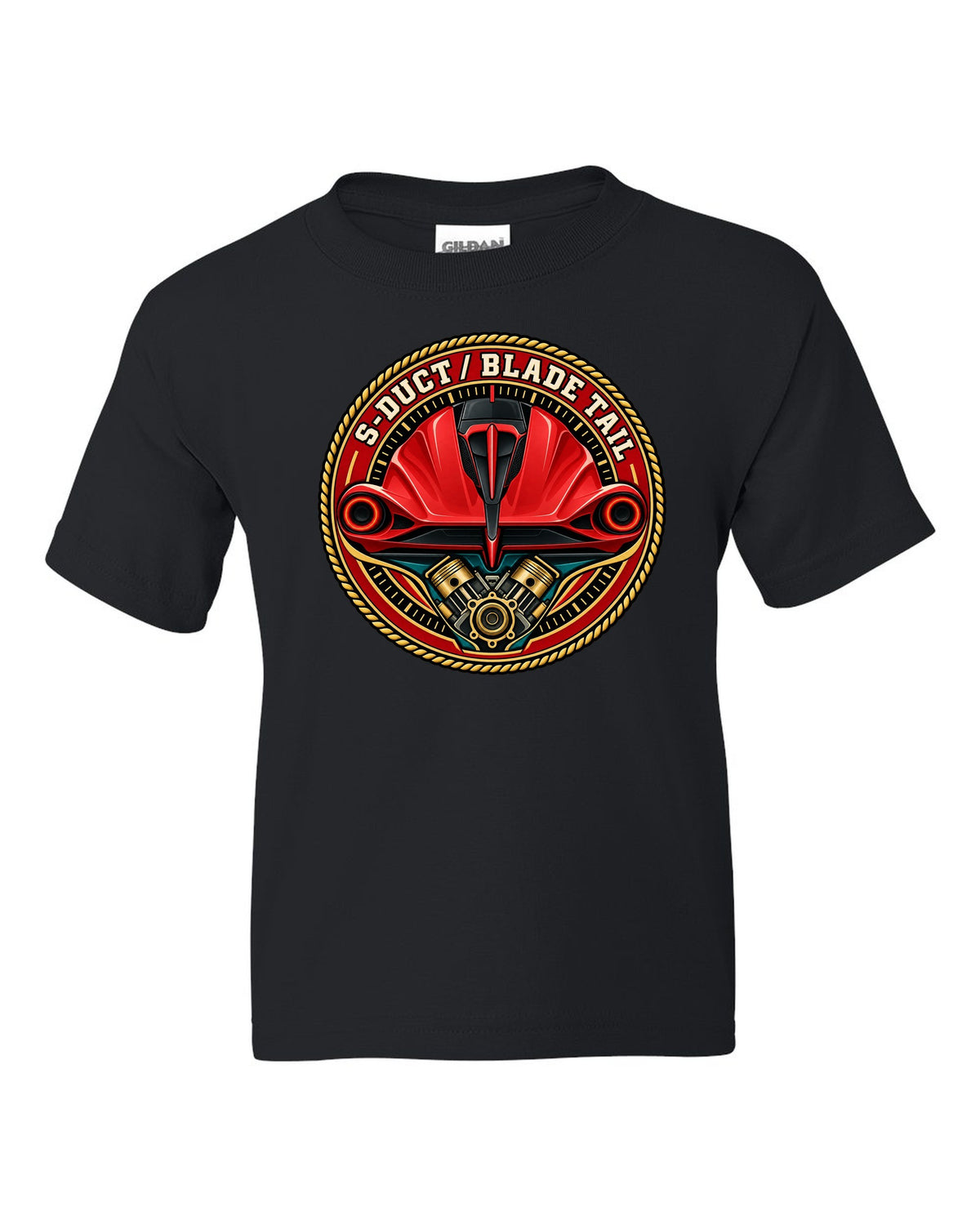 Round crest print for the Ferrari F8 Tributo with S-Duct and Blade Tail lettering black kids tee front view with the design